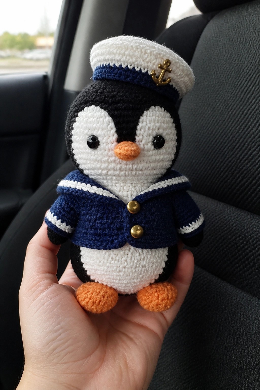 Hand holding crocheted penguin in blue sailor jacket and white cap inside car.
