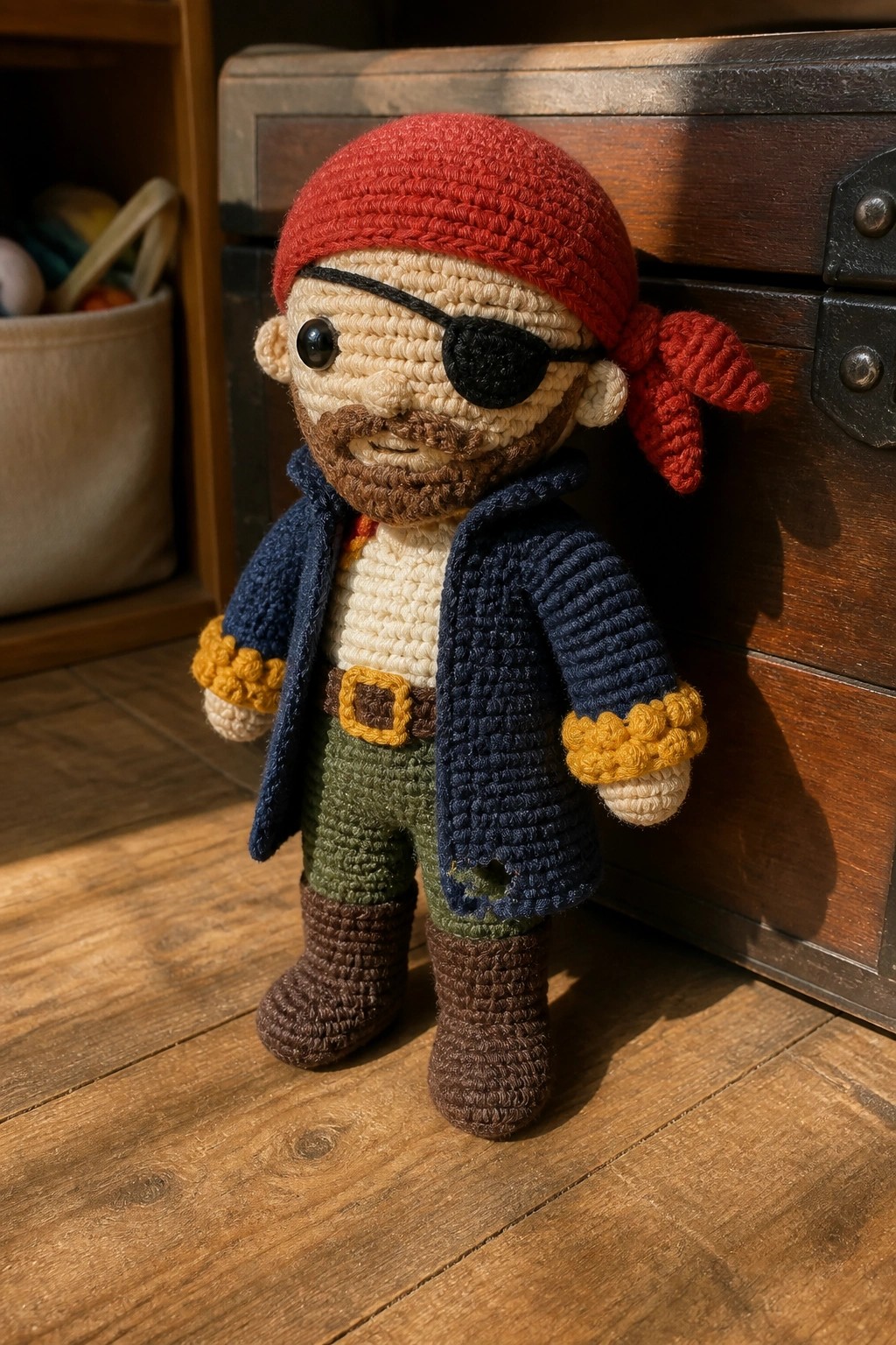 Crocheted pirate doll with red bandana, eye patch, blue coat, and brown boots on wood floor