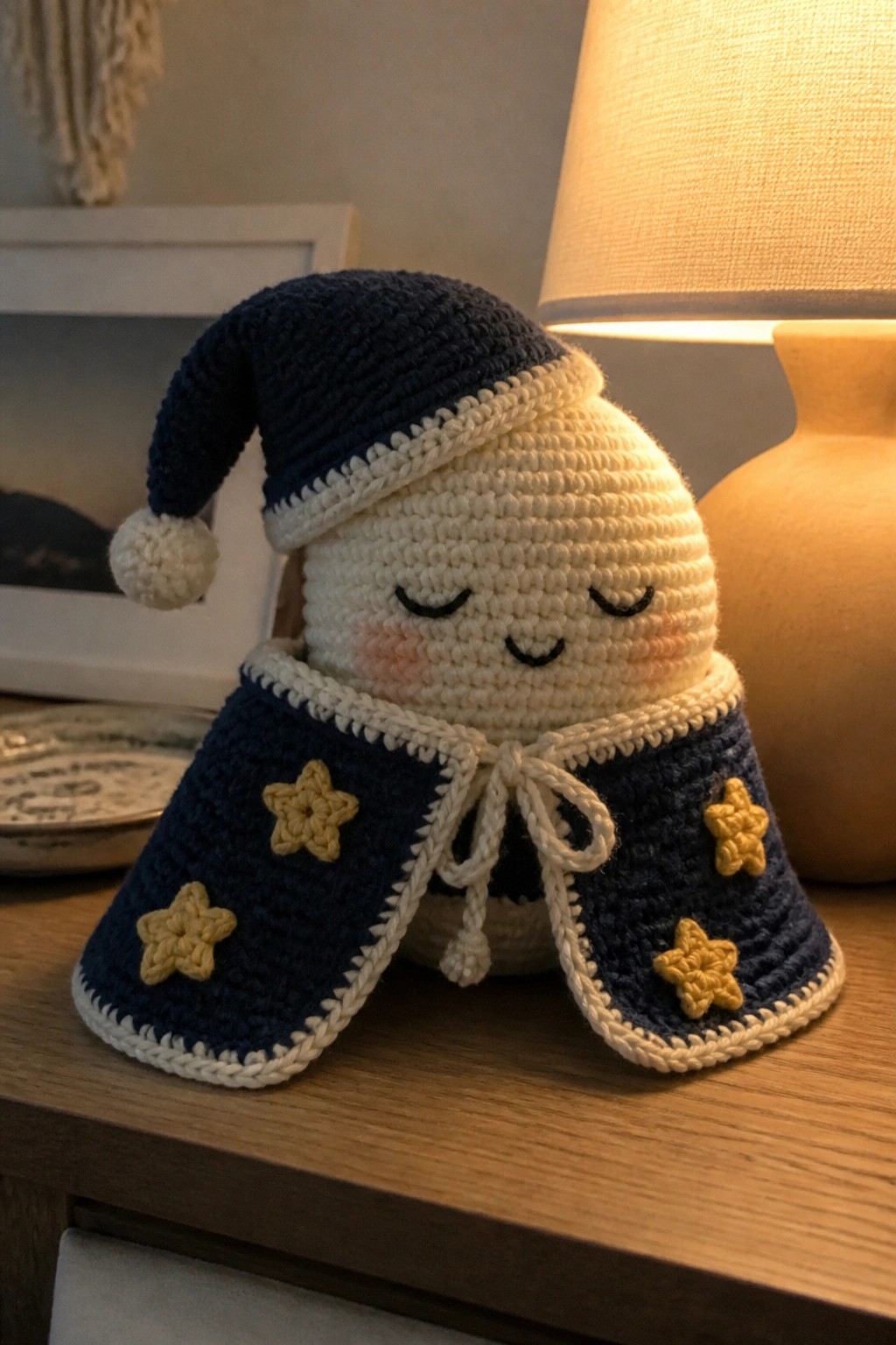 Crocheted gnome doll in navy starry cape and hat on wooden table near lamp