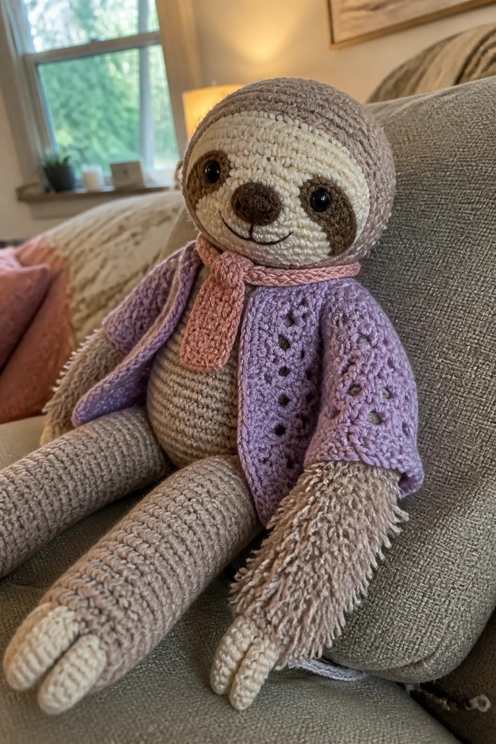 Crocheted sloth toy in purple cardigan and pink scarf on gray couch