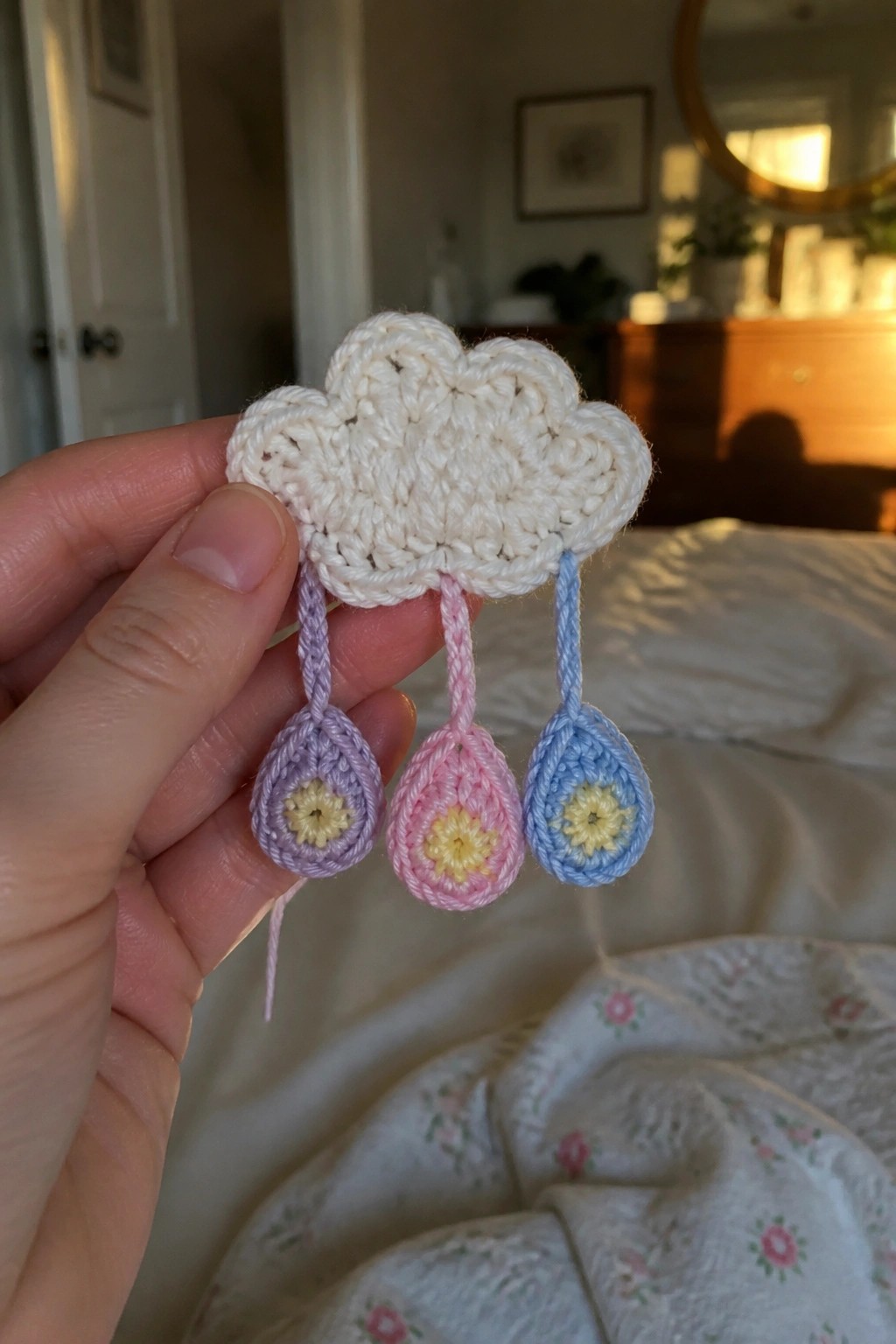 Hand holding crocheted white cloud with purple, pink, and blue raindrops