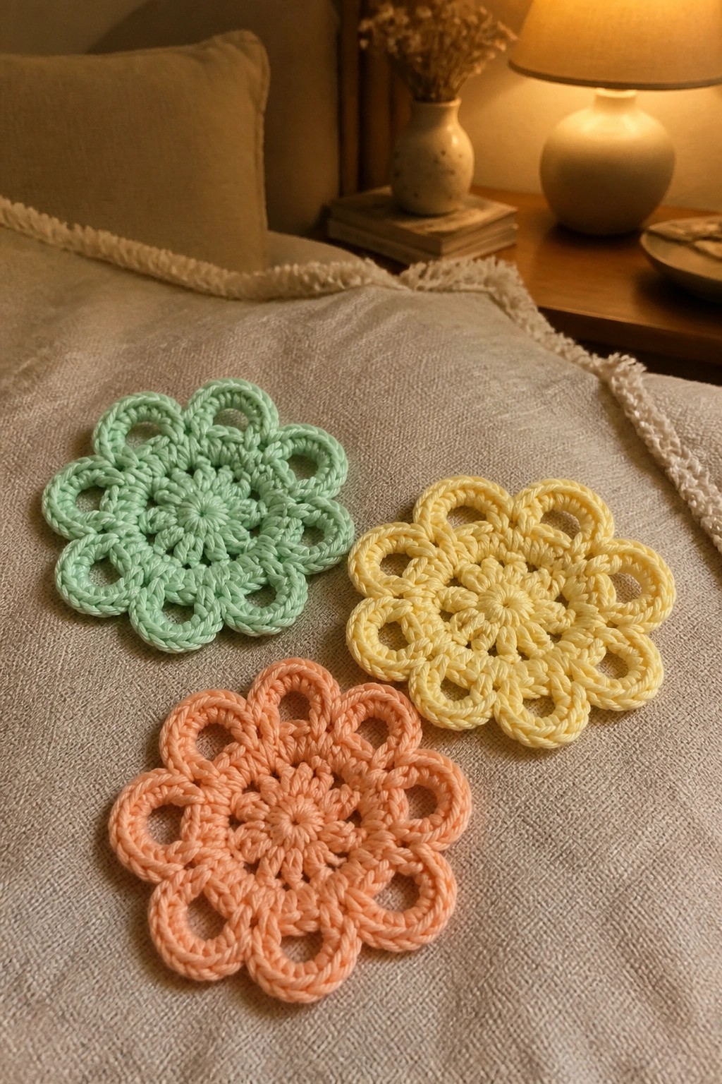 Three pastel crocheted flower coasters in green, yellow, and peach on fabric