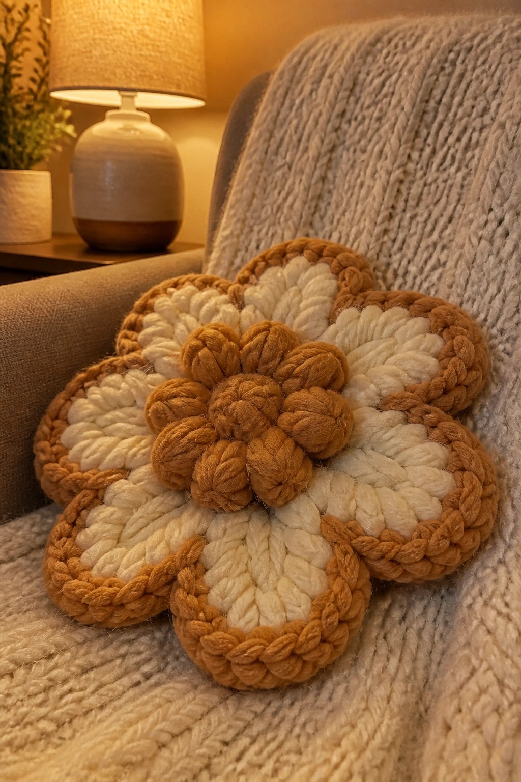 A crocheted flower with brown and cream petals rests on a beige knitted blanket beside a lamp.