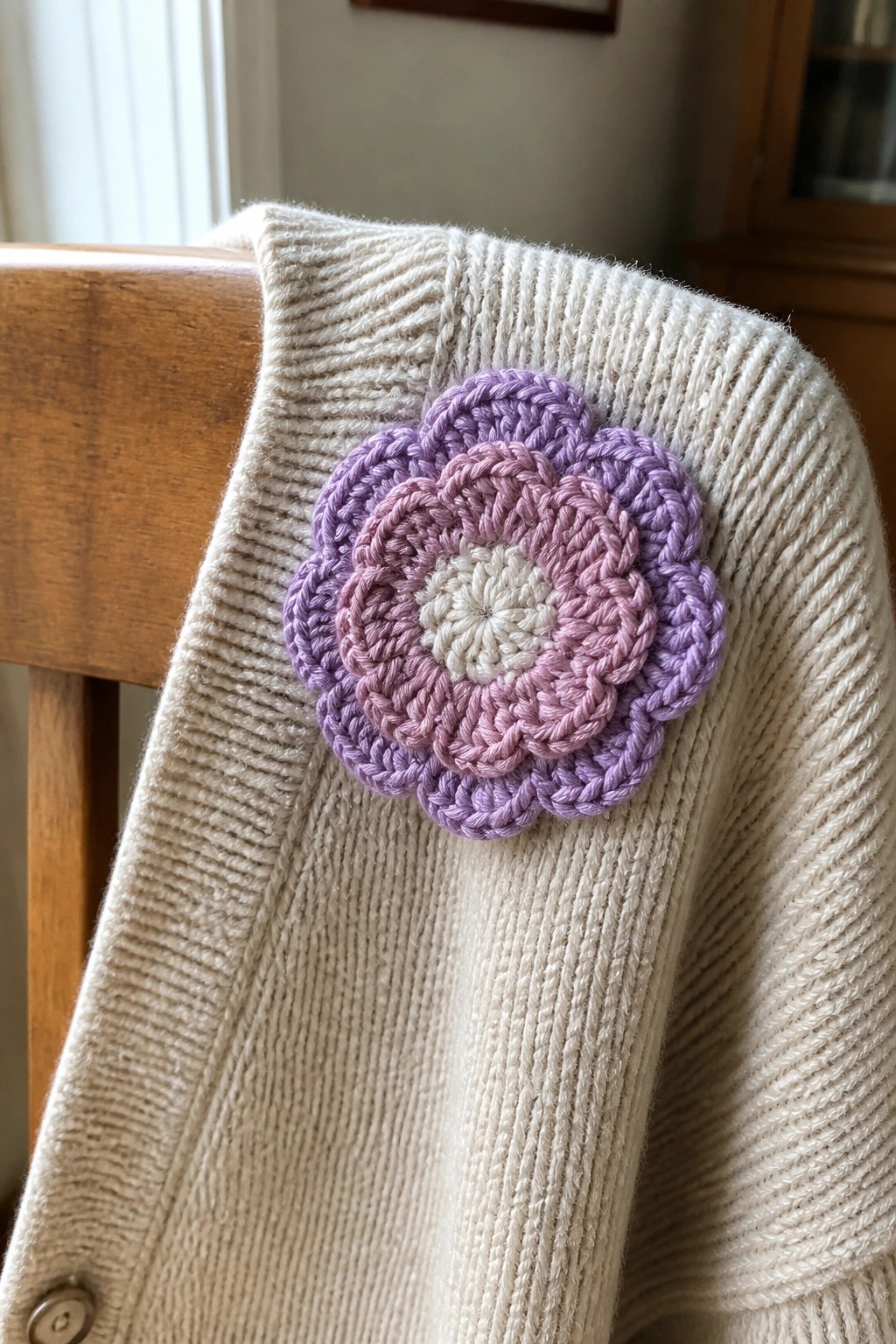 Cream ribbed cardigan with layered purple-pink crochet flower on wooden chair.