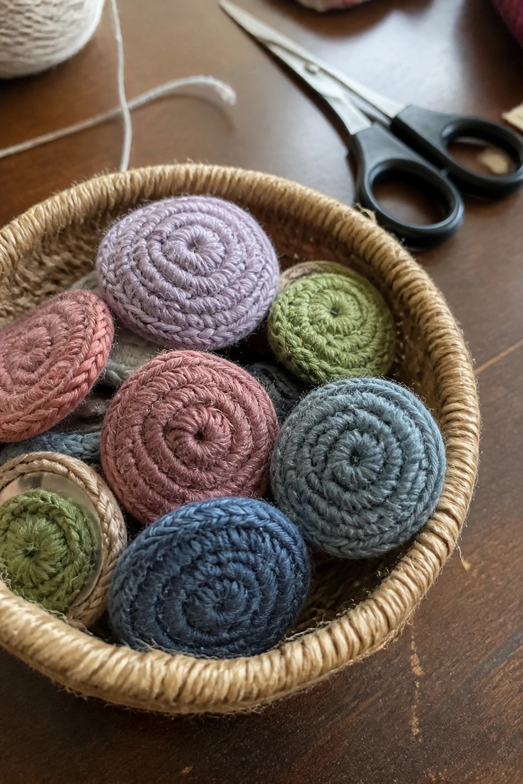 Woven basket of colorful crocheted spirals beside scissors on wooden table.