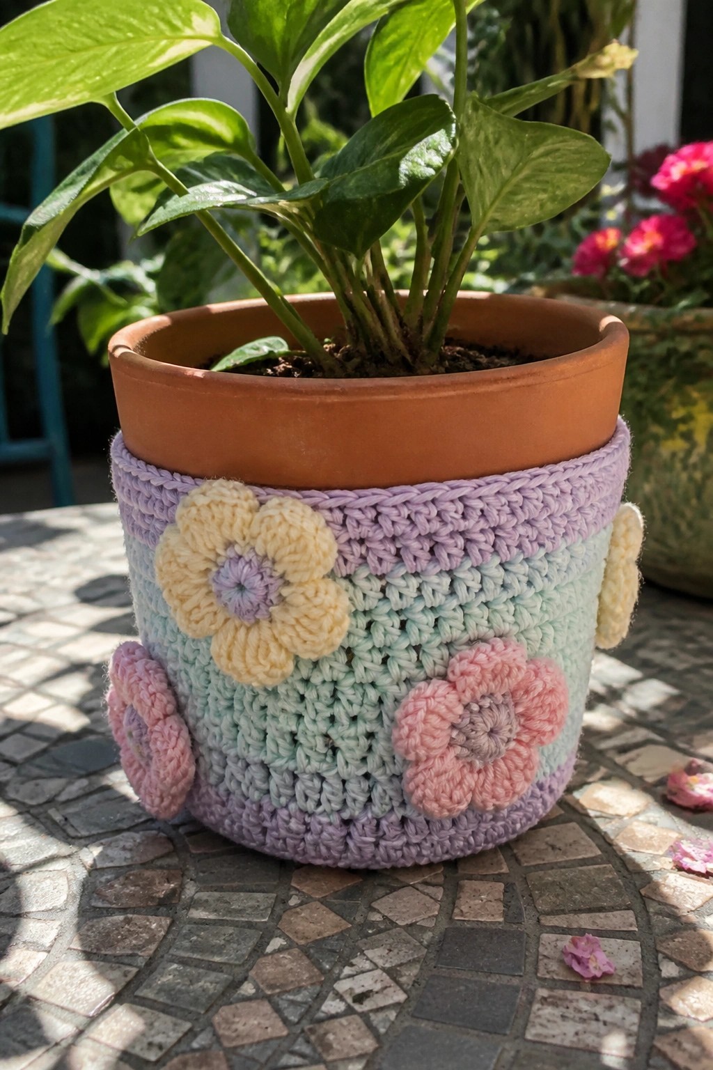 Pastel crocheted cover with pink and yellow flowers on terracotta plant pot.