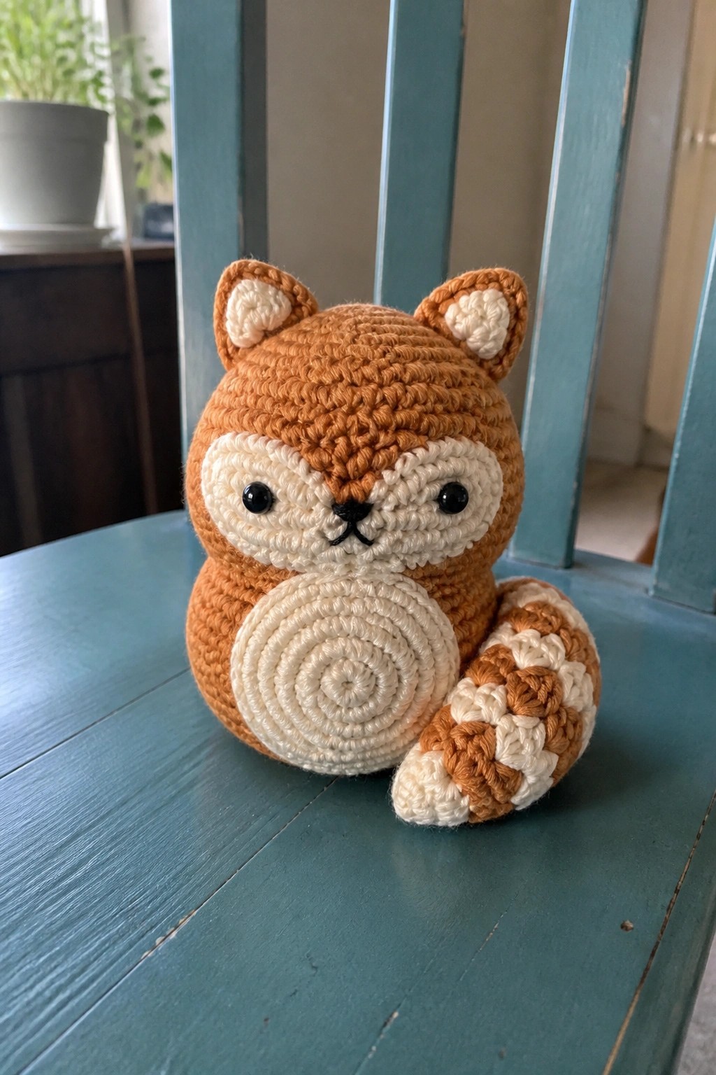 Crocheted brown and white squirrel amigurumi with striped tail on teal wooden chair