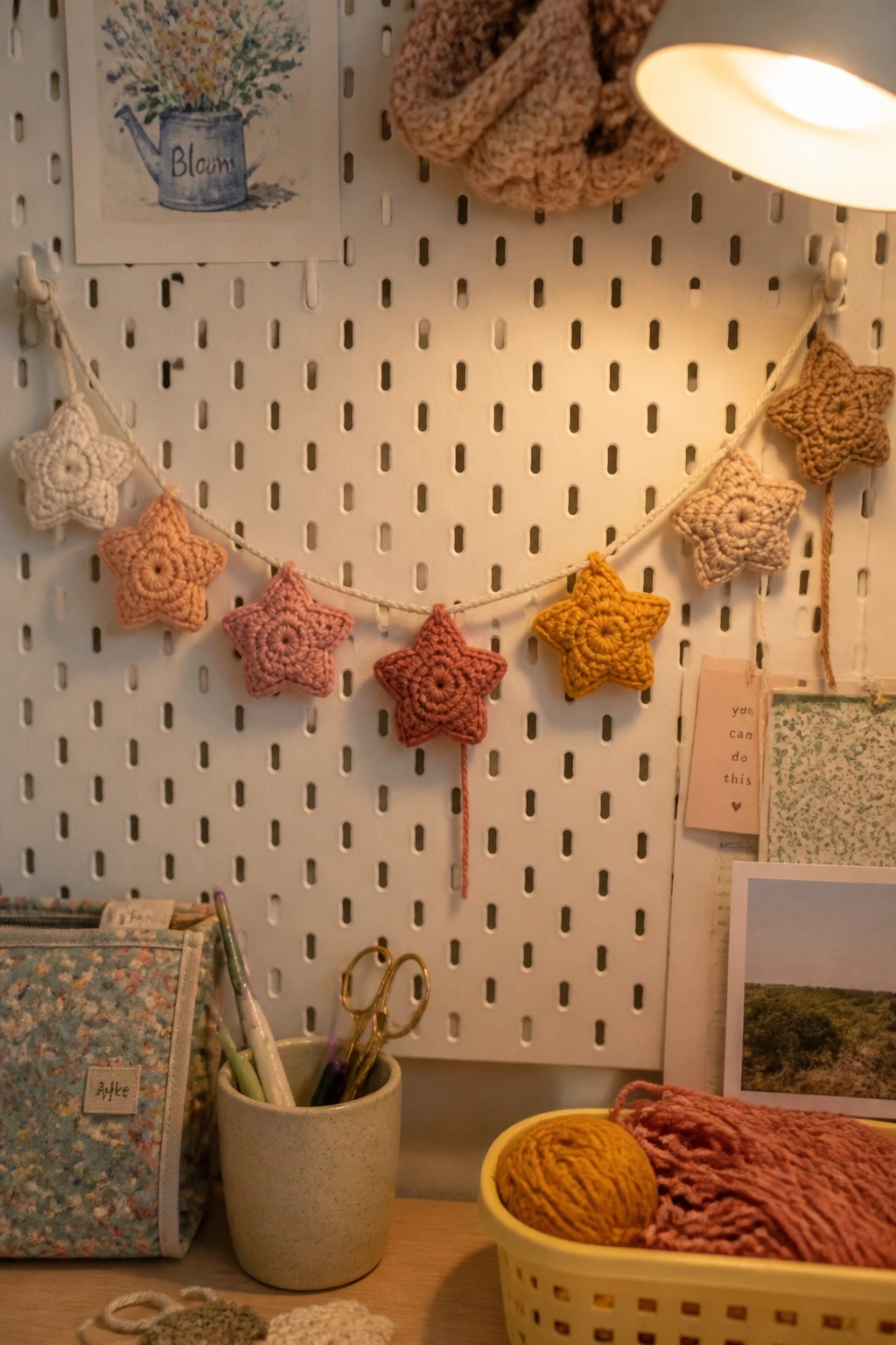 Colorful crocheted star garland on white pegboard above yarn basket and hooks