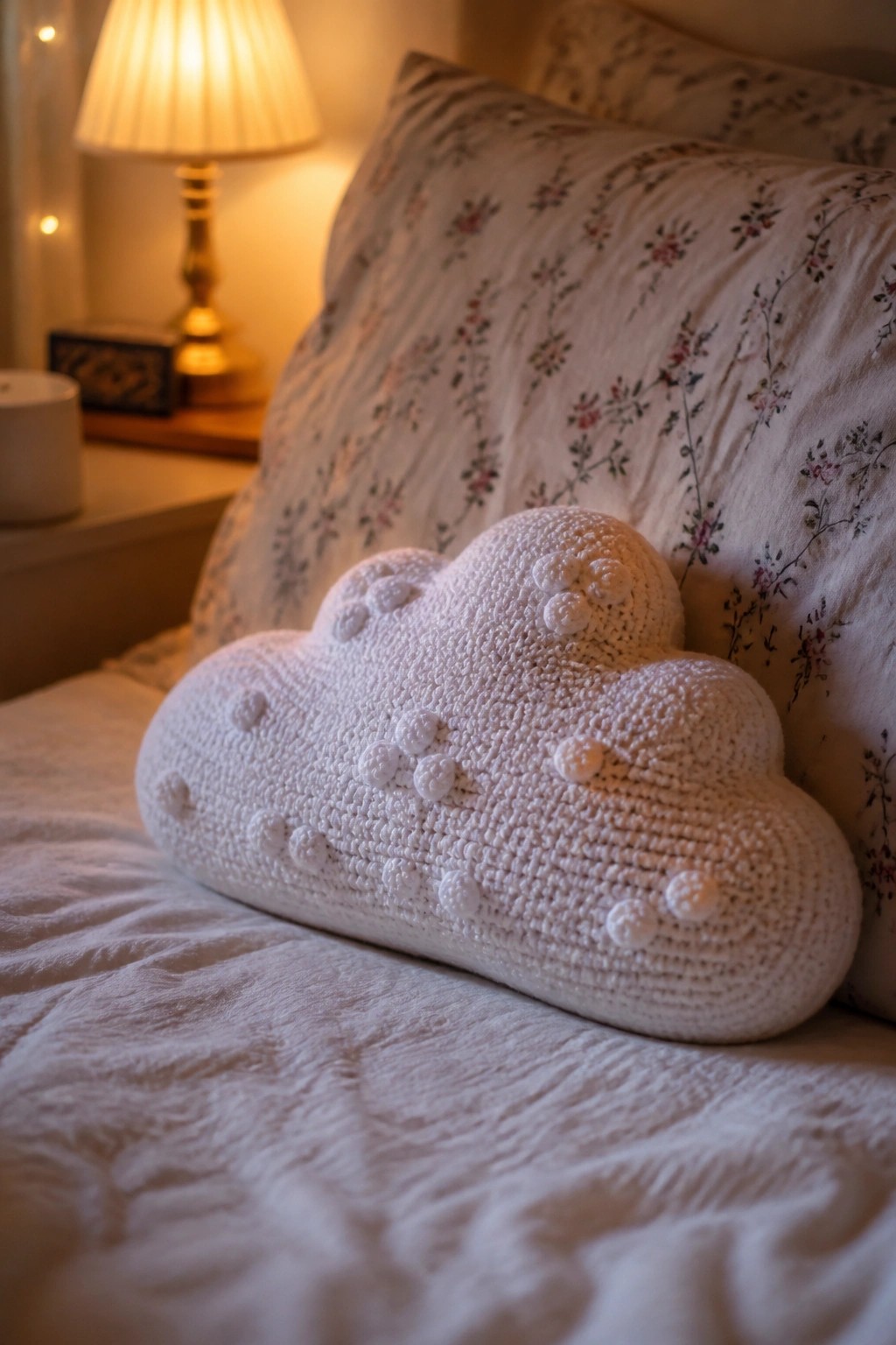 White crocheted cloud pillow on floral bed with warm bedside lamp glow