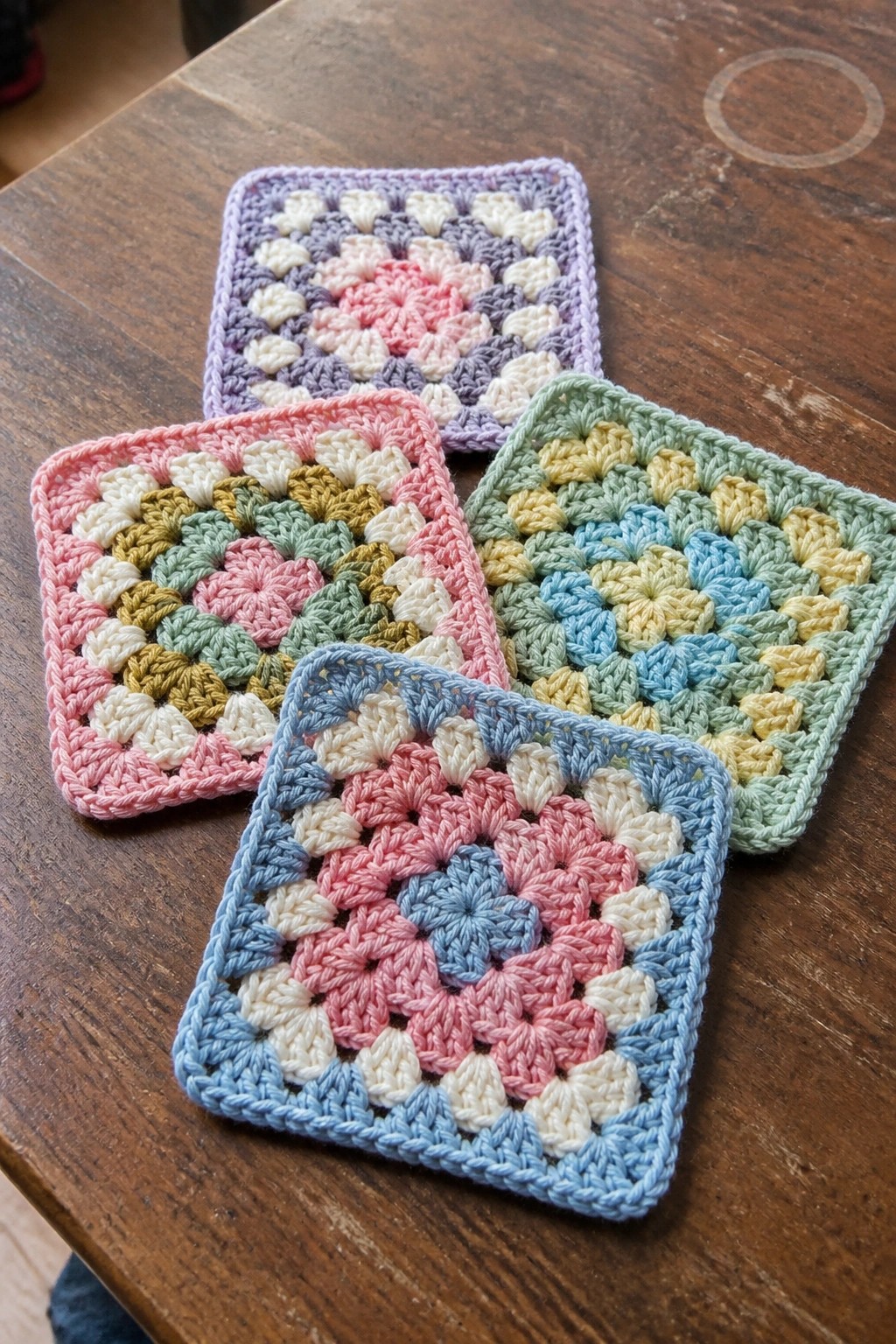 Four colorful crocheted granny squares with floral patterns on wooden table.