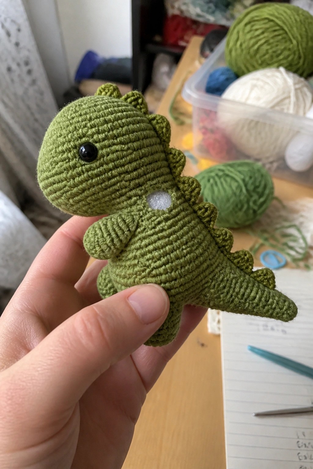Hand holding green crocheted dinosaur toy with black eyes amid yarn and hooks.