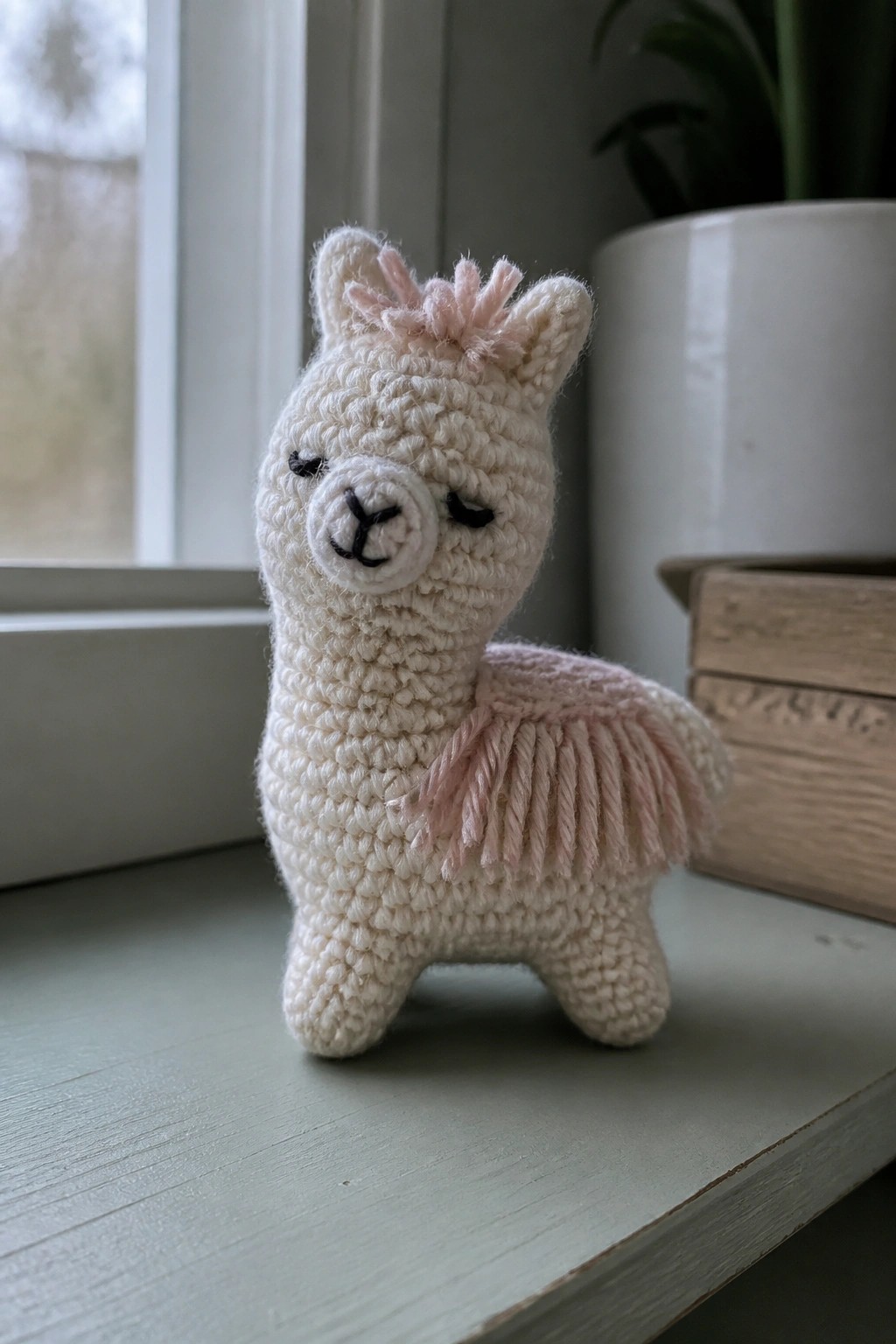 Crocheted white llama toy with pink mane and fringed blanket on windowsill