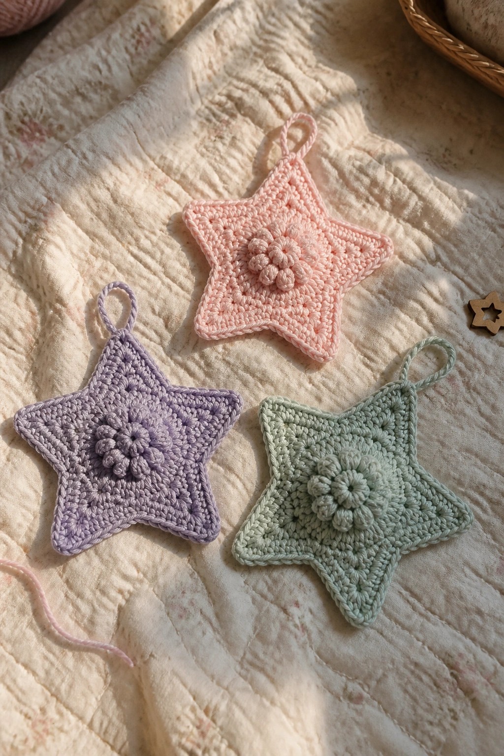 Three pastel crocheted stars with floral centers on a textured white blanket.