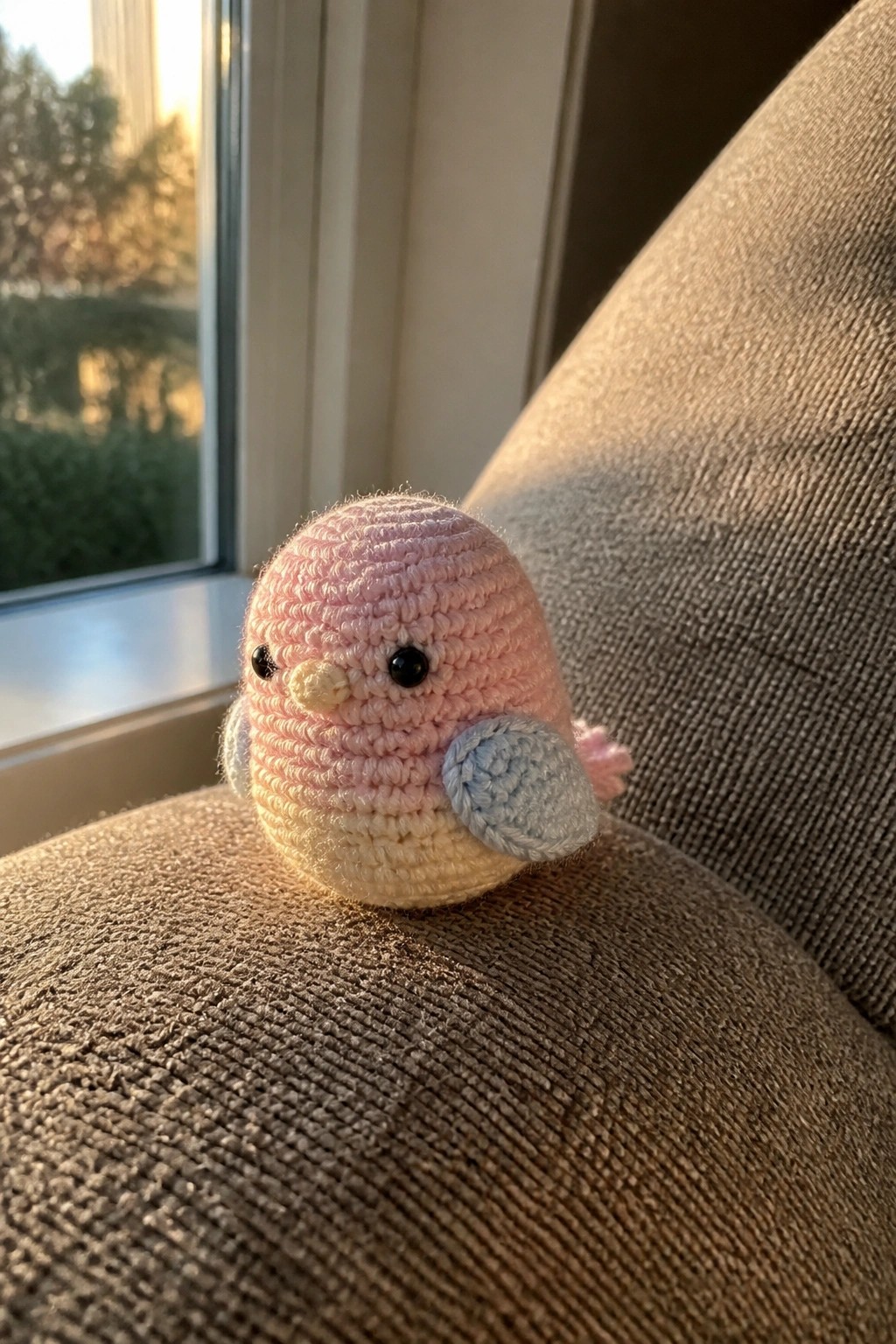Pink crocheted bird with blue wings on brown fabric near sunny window.