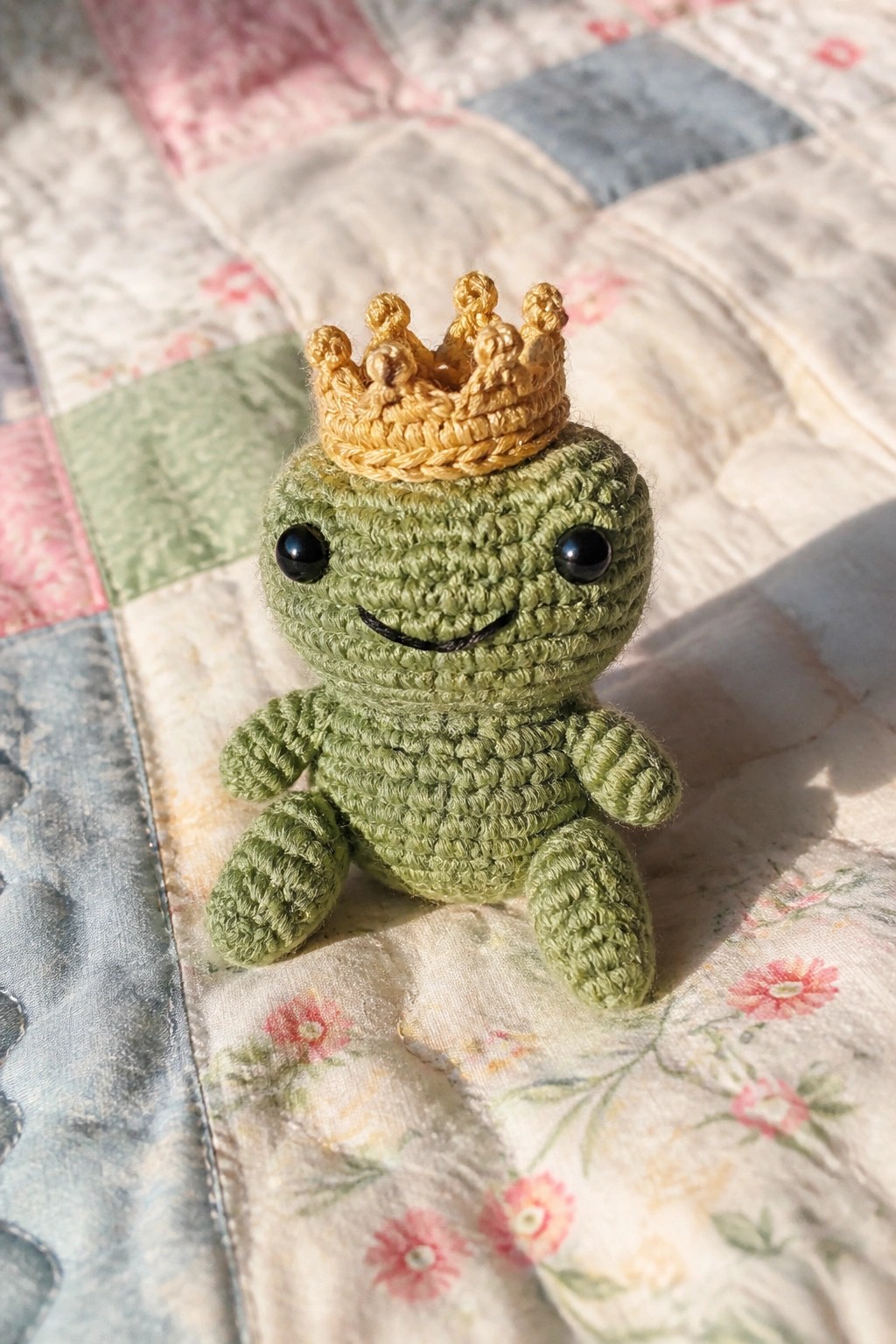 Green crocheted frog with golden crown on floral patchwork quilt