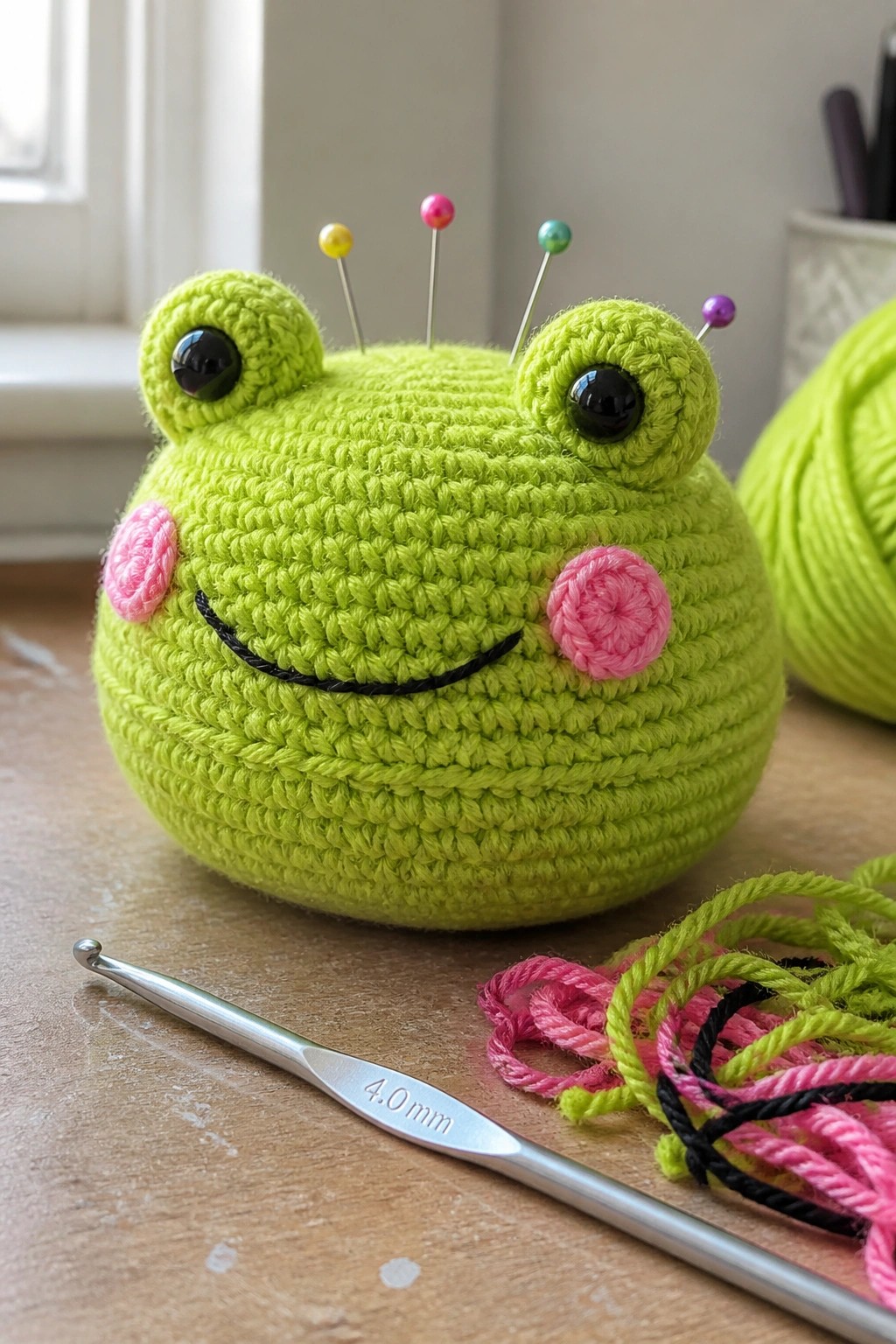 Lime green crocheted frog pincushion with pins, crochet hook, and tangled yarn on wood