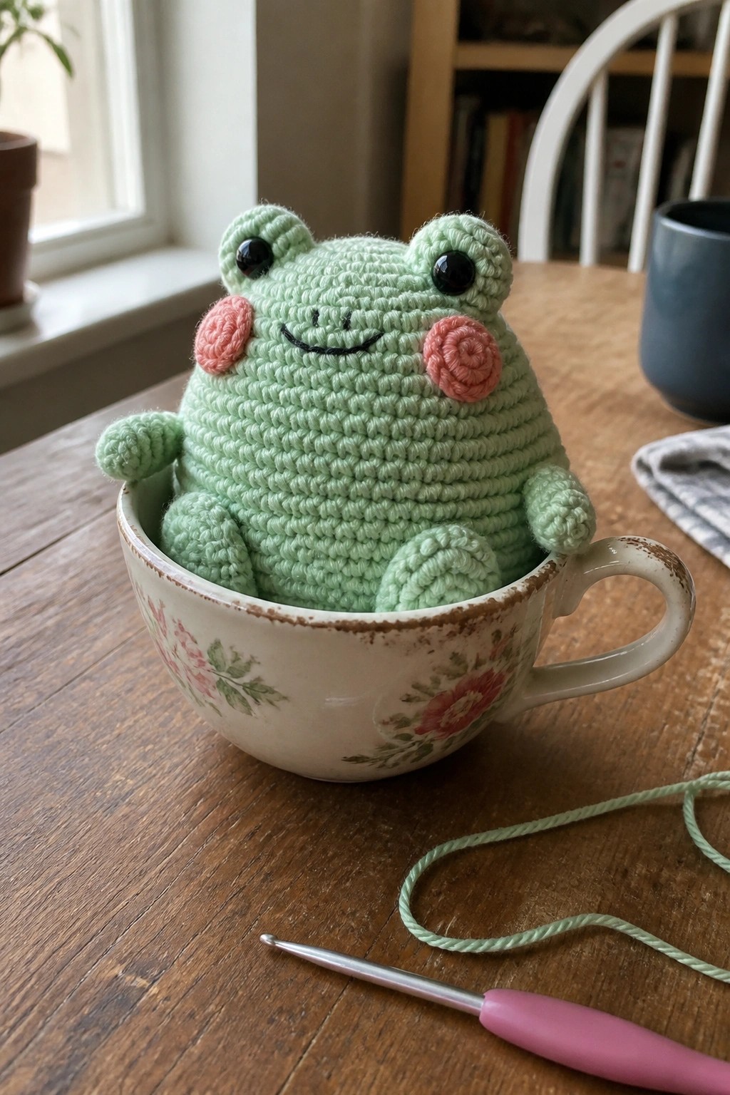 Green crocheted frog with pink cheeks in floral teacup beside hook and yarn on table