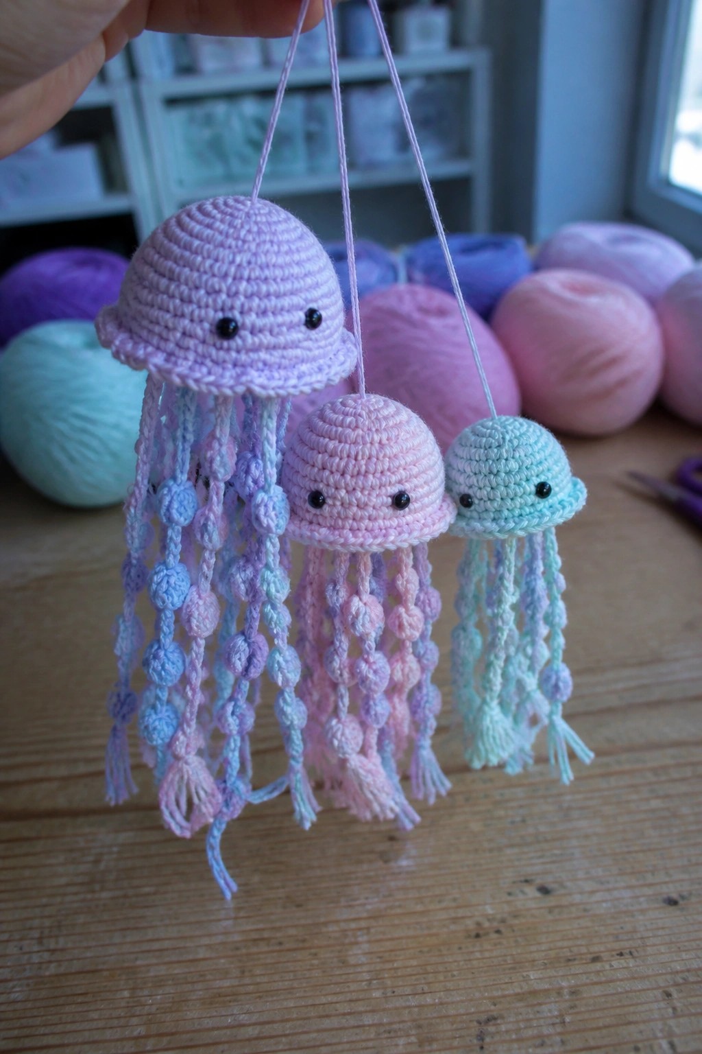 Hand holding three pastel crocheted jellyfish with beaded tentacles above yarn balls