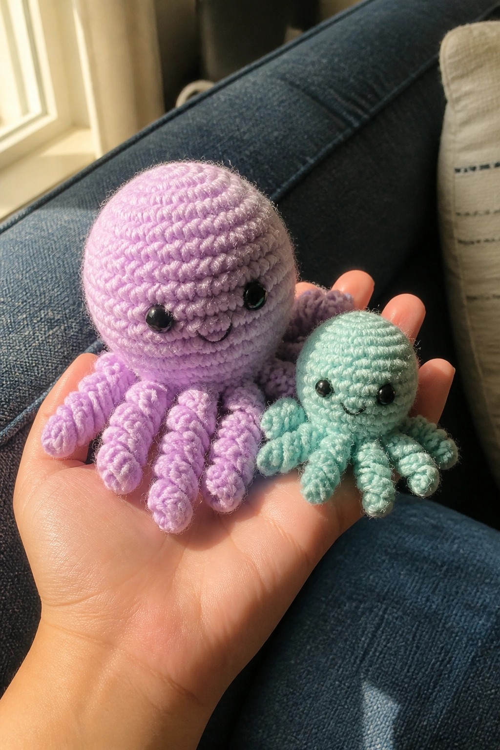 Hand holding large purple and small teal crocheted octopuses on blue jeans.
