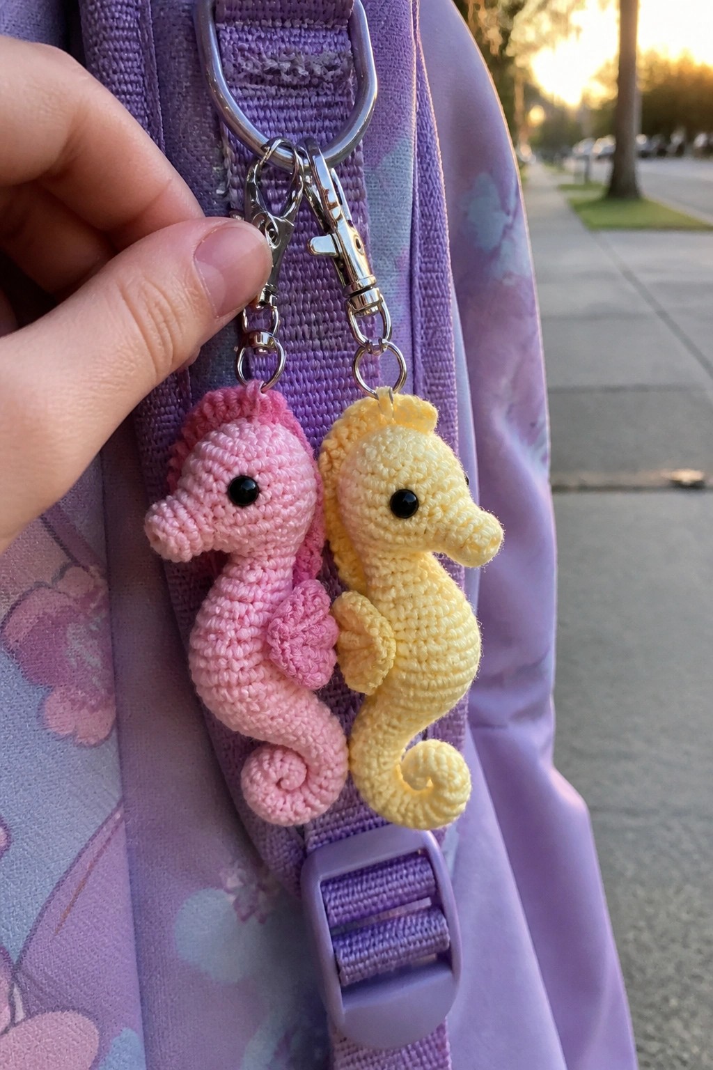 Hand holding pink and yellow crocheted seahorse keychains on purple backpack strap