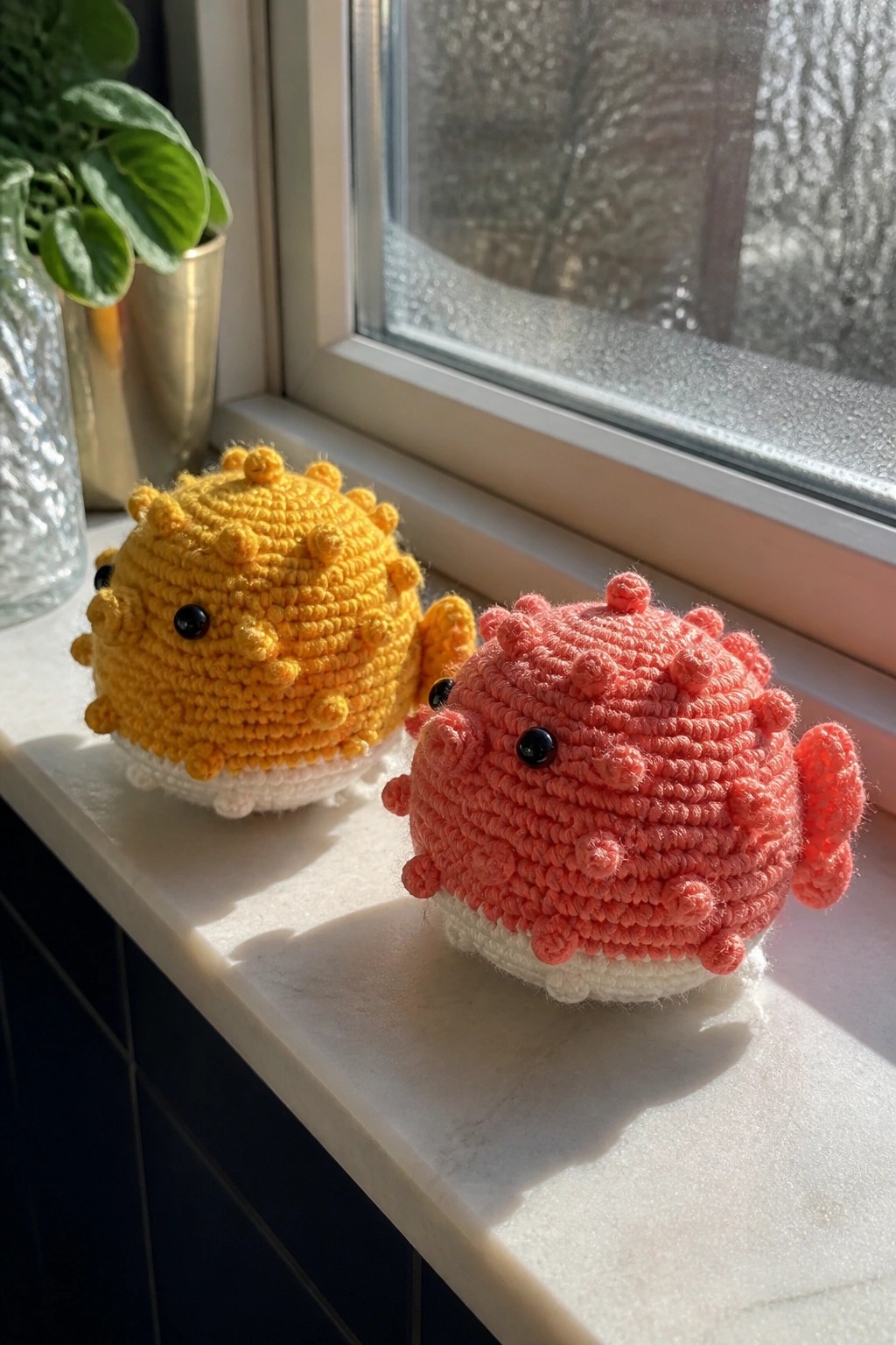 Yellow and pink crocheted pufferfish toys on a sunlit white windowsill