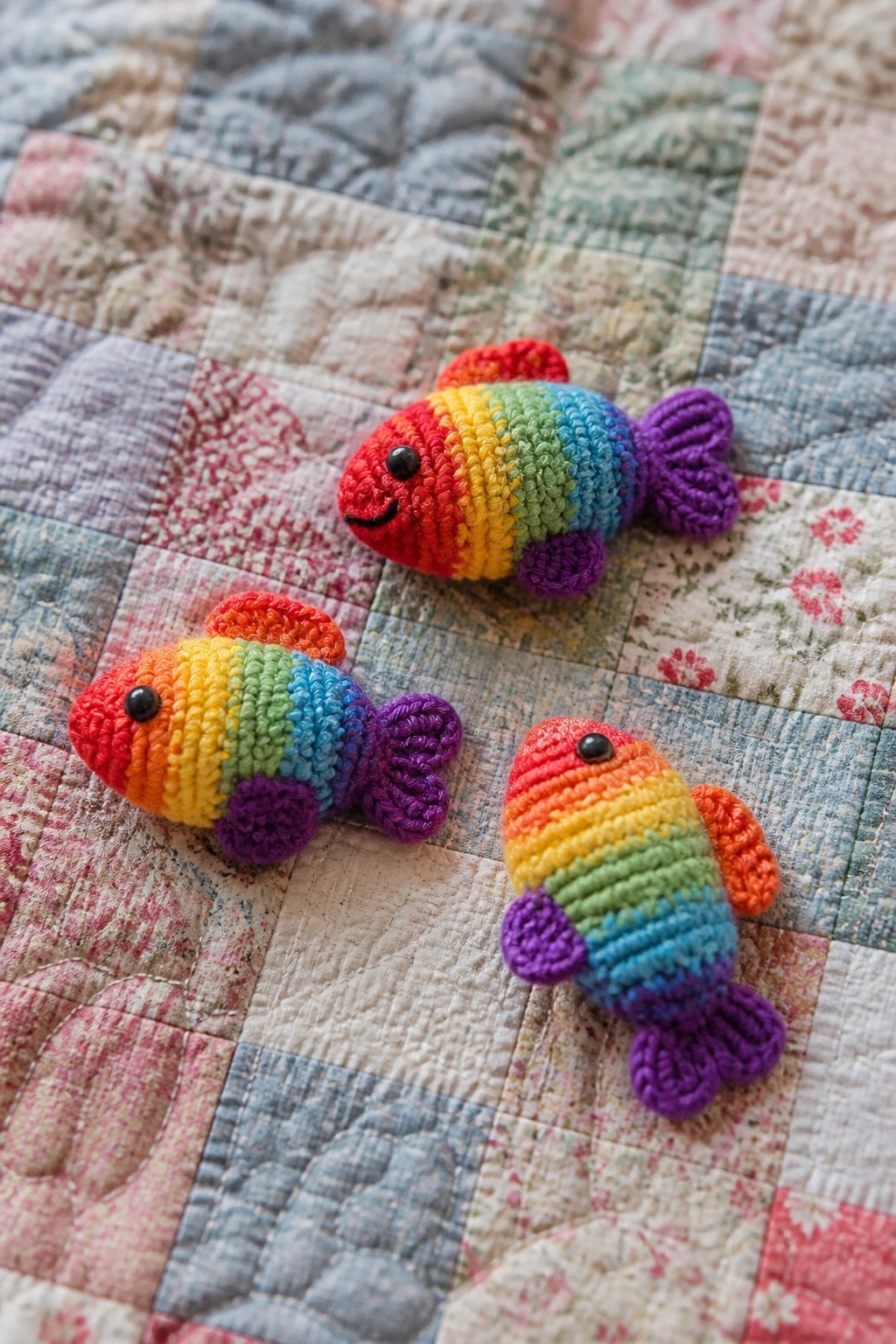 Three colorful crocheted rainbow fish on a floral patchwork quilt.
