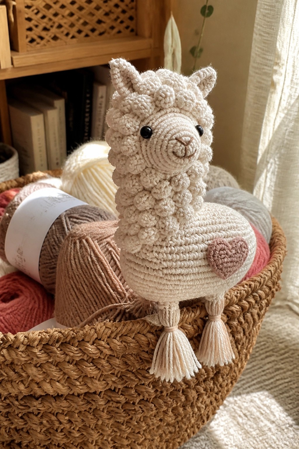 Crocheted cream alpaca amigurumi with pink heart on side sits in yarn basket.