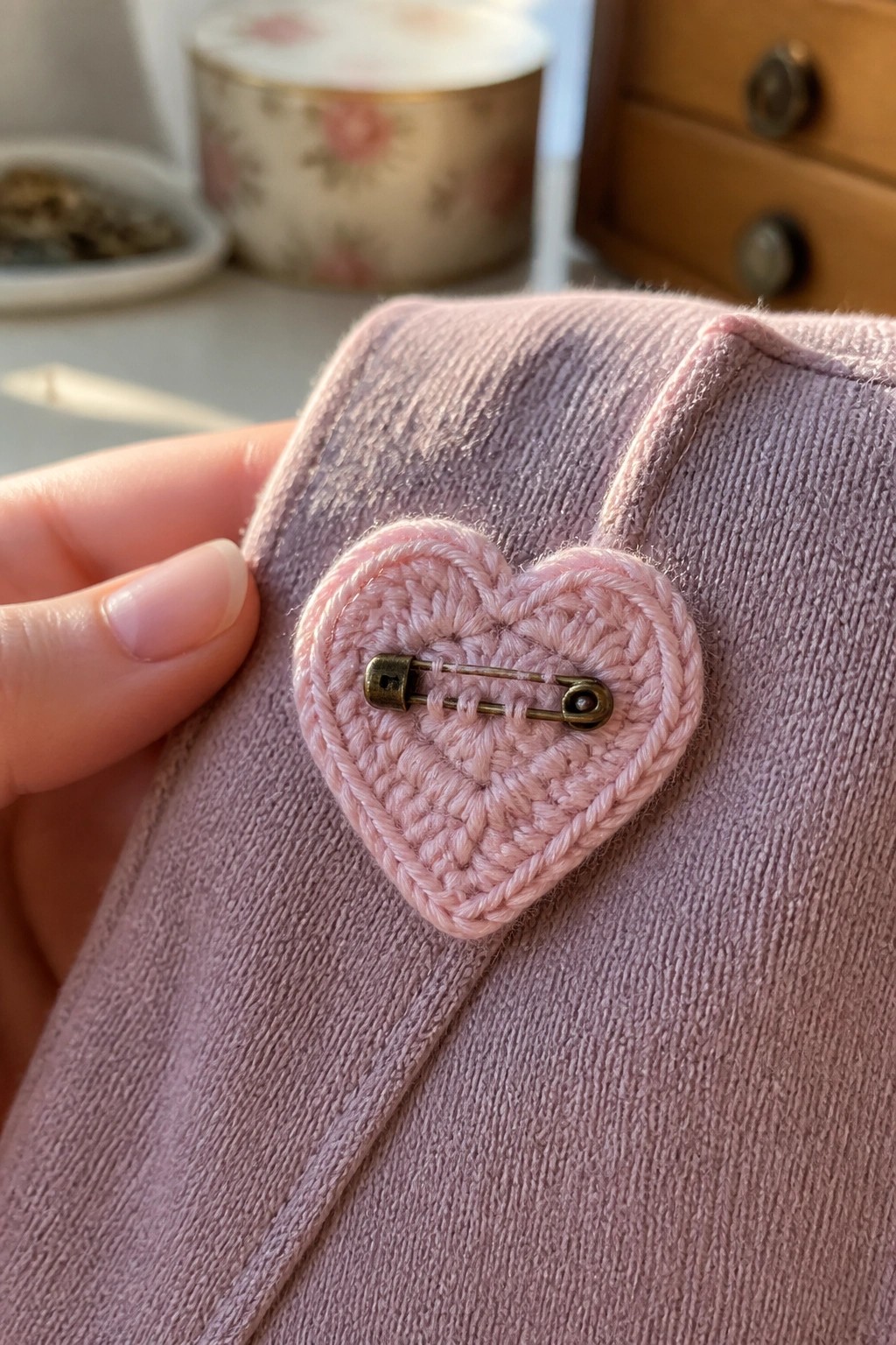 Pink crocheted heart brooch with safety pin on light purple knit sweater.