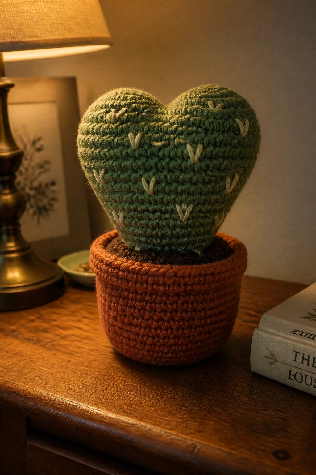 Green crocheted heart cactus in orange pot on wooden table with lamp and books