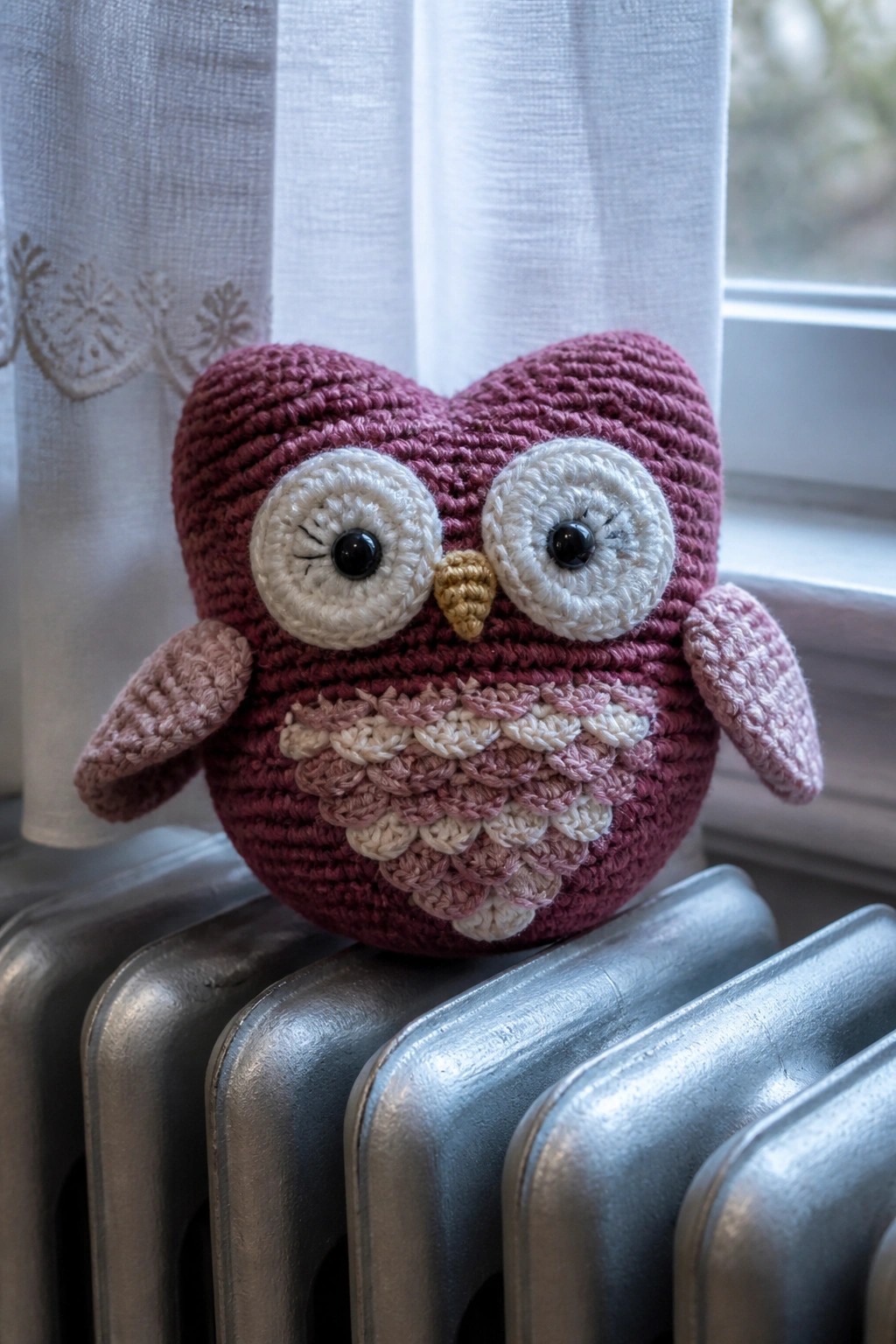 Maroon crocheted owl plush with white eyes and patterned belly on metal radiator