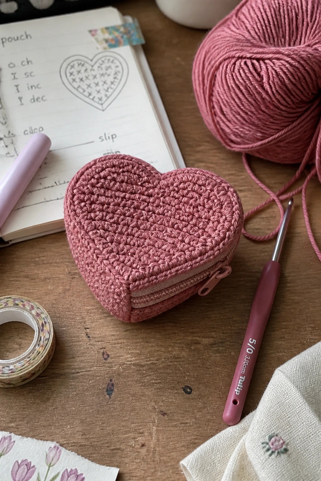 Pink crocheted heart pouch with yarn, hook, notebook, and floral washi tape on wood table.