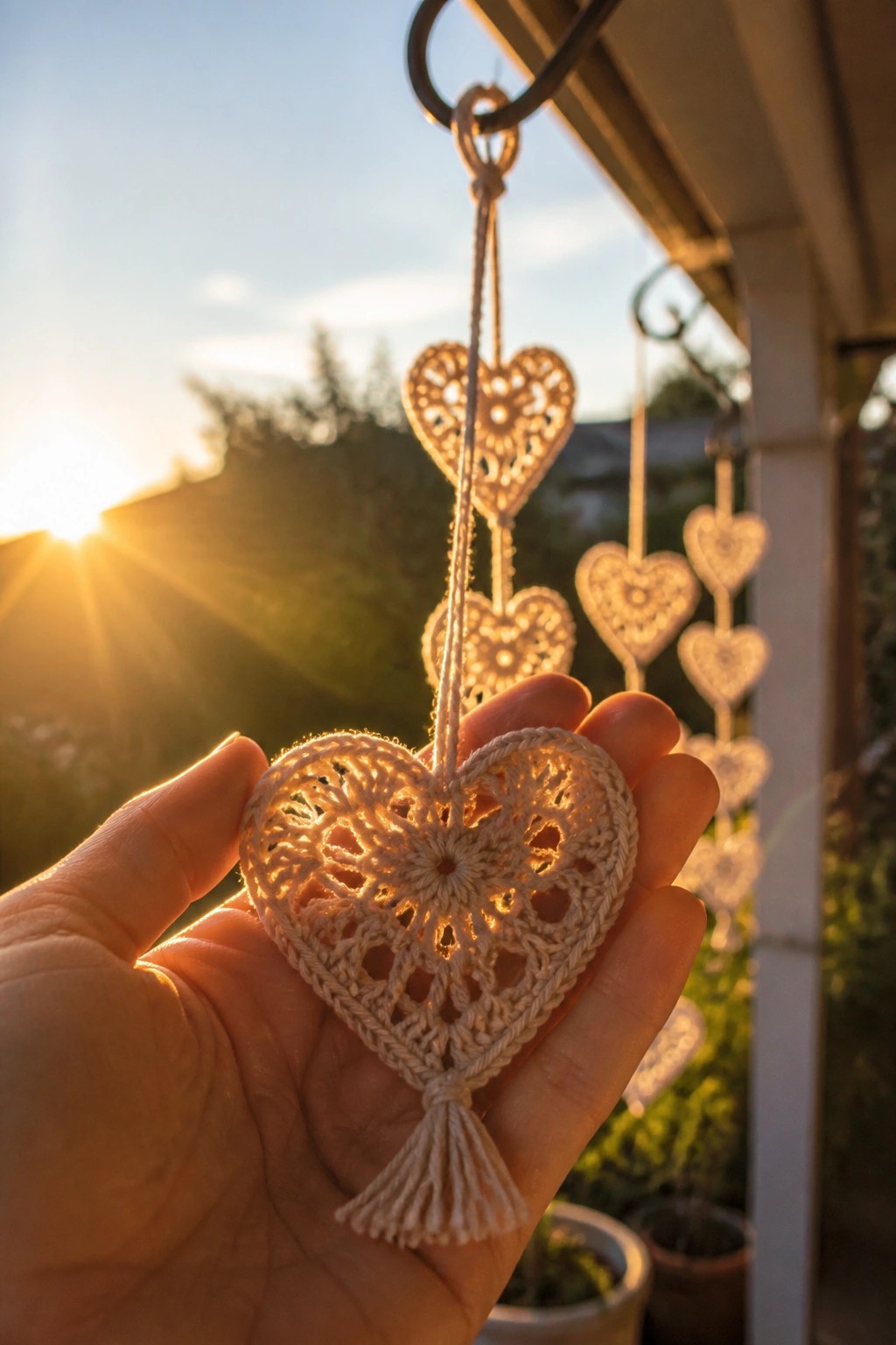 Hand holding a cream crocheted lace heart with tassel at golden sunset, hanging hearts nearby.