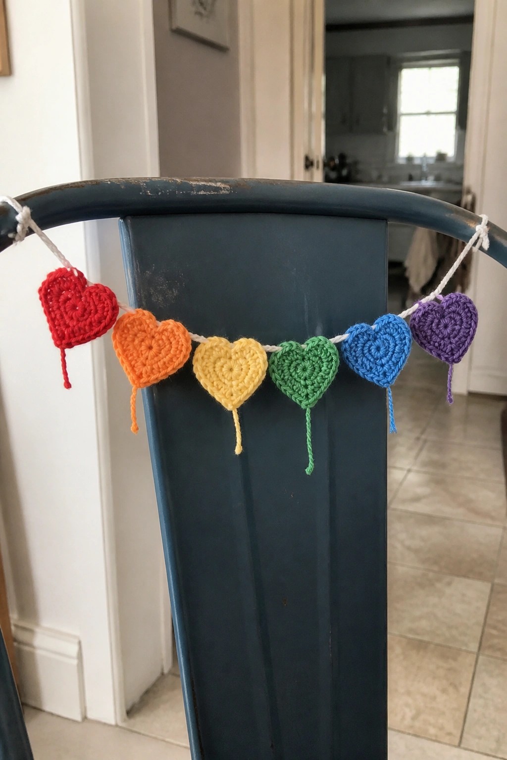 Rainbow crocheted heart garland draped over blue wooden chair back.