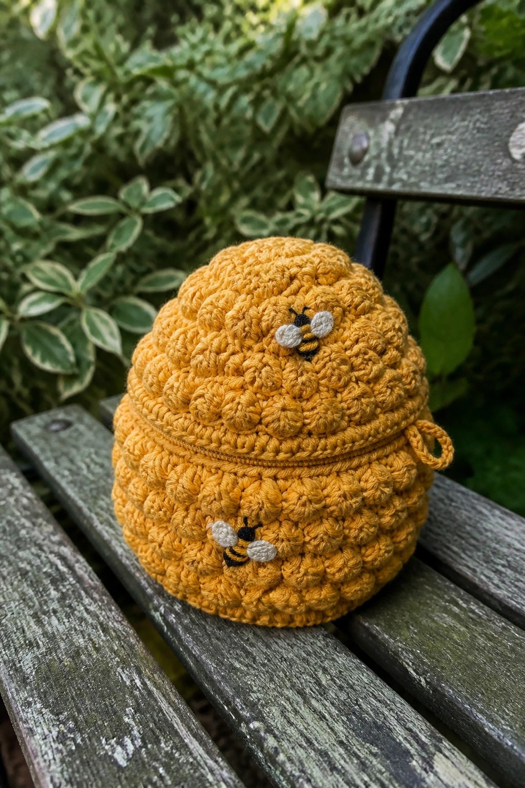 Yellow crocheted beehive pouch with embroidered bees on wooden bench.