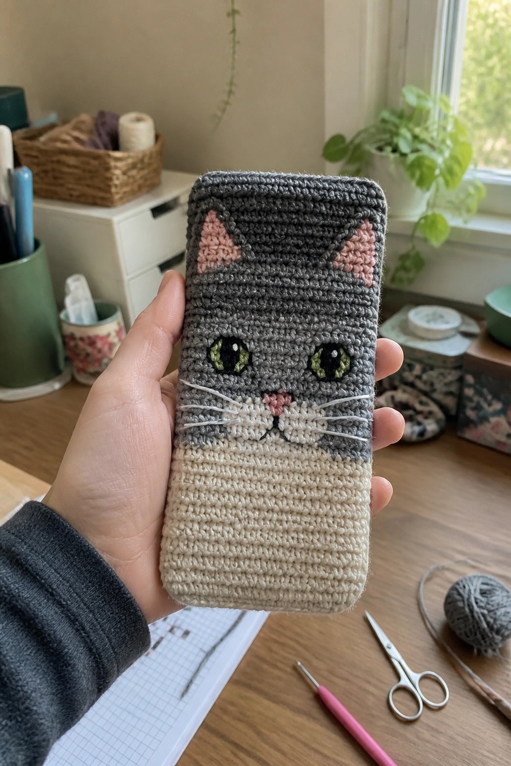 A hand holds a crocheted gray and beige cat face phone pouch with pink ears and green eyes.