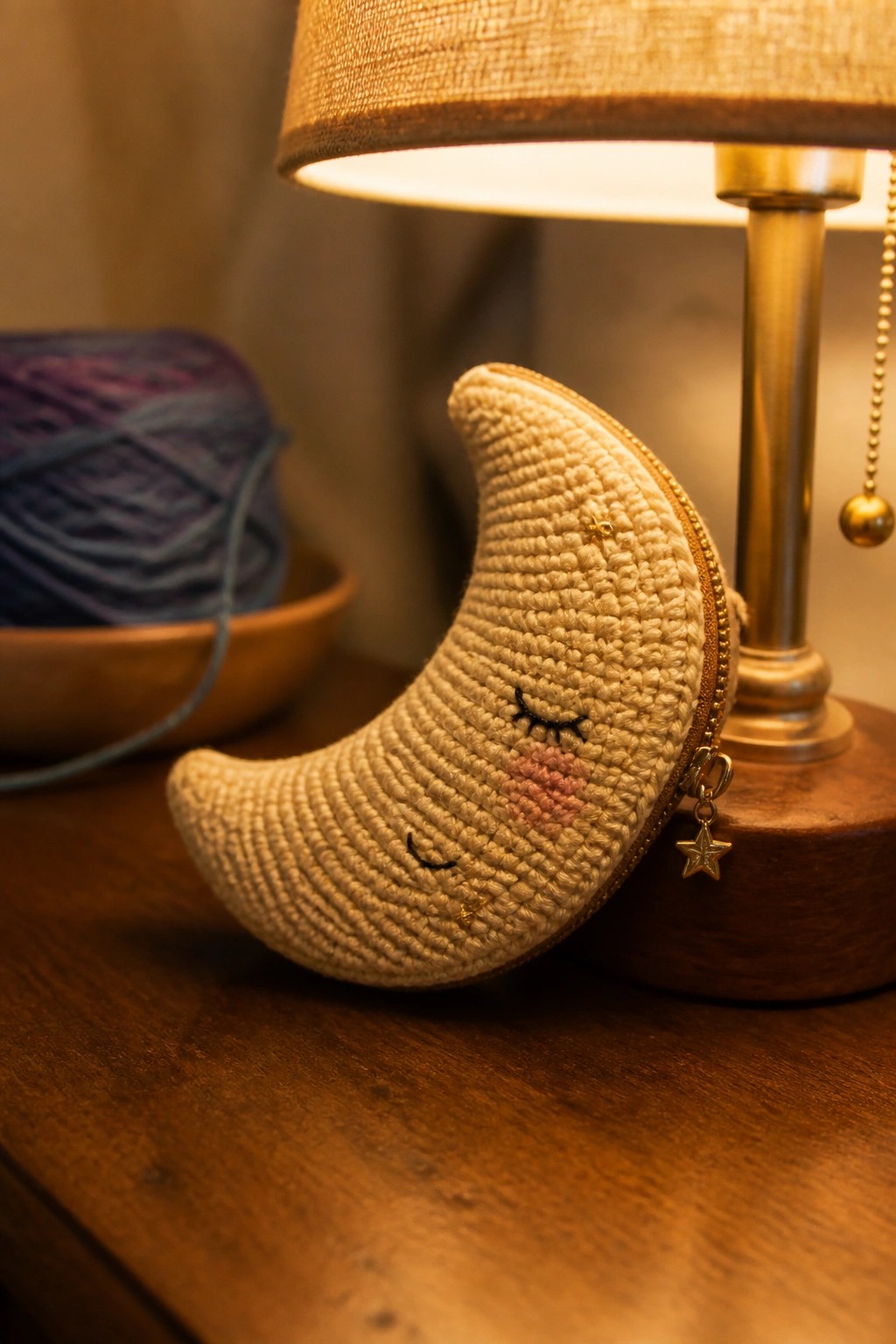 Crocheted cream crescent moon pouch with embroidered face beside glowing table lamp