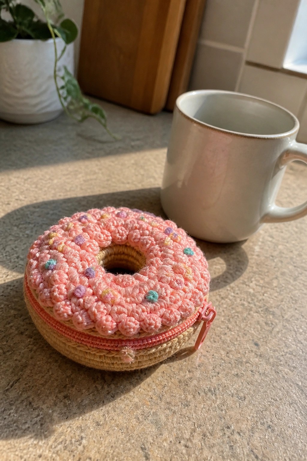 Crocheted pink donut pouch with colorful sprinkles beside white mug on counter