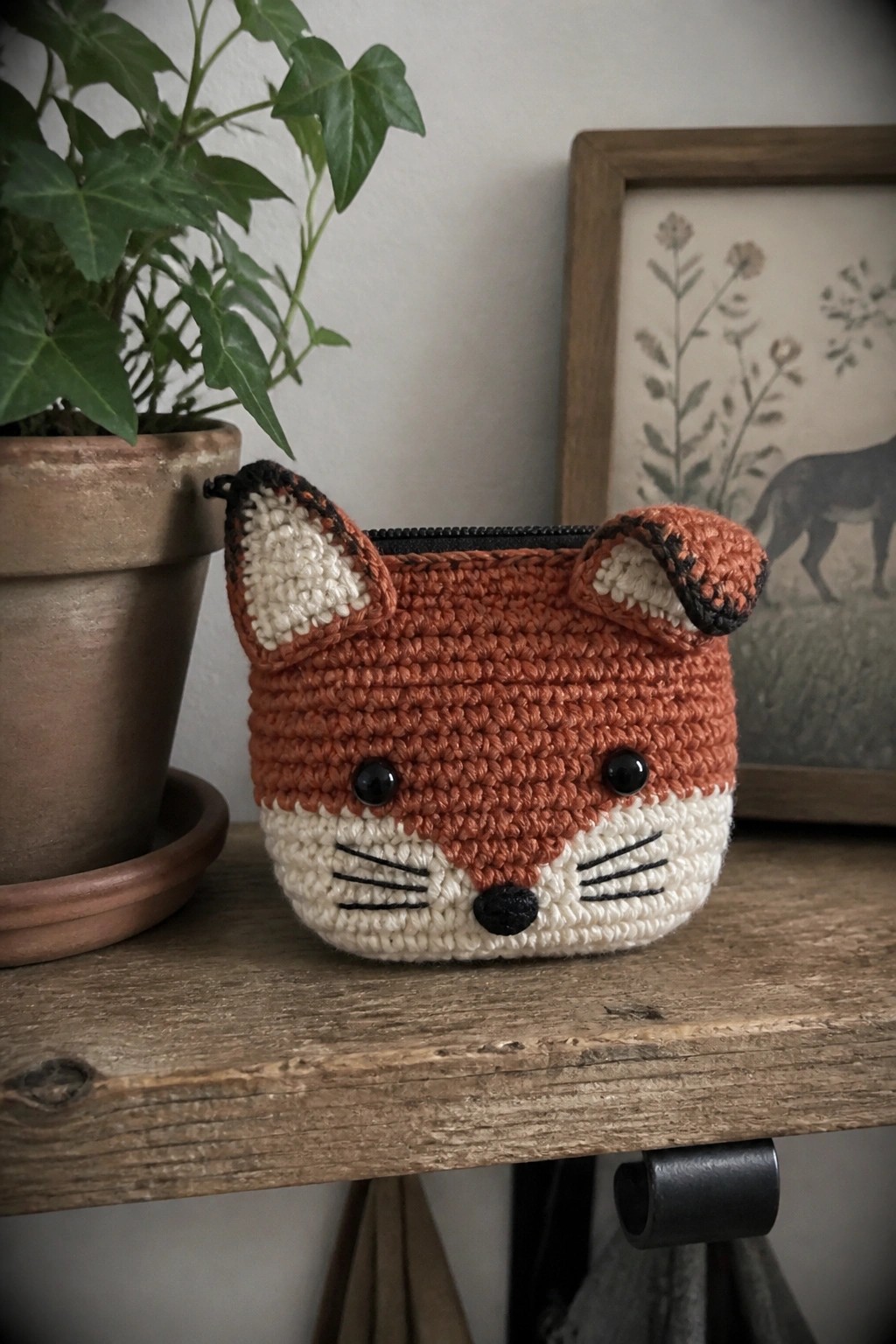 Crocheted orange fox pouch with ears and zipper on wooden table beside plant