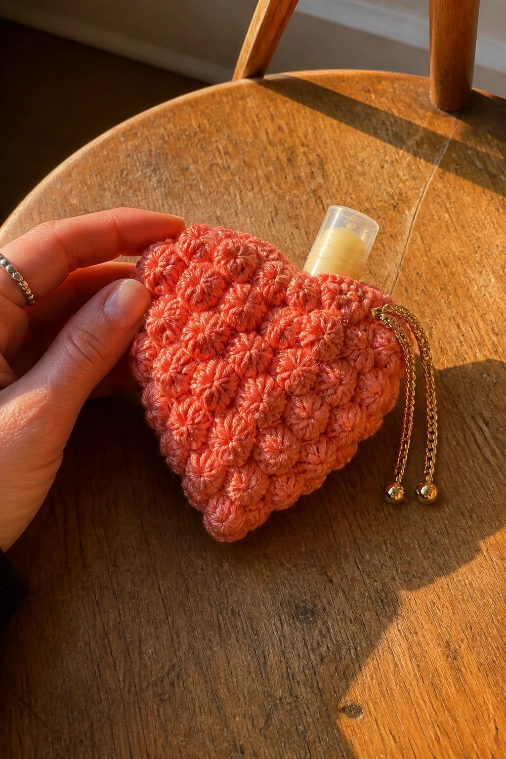 Hand holding coral crocheted heart lip balm holder with gold chain on wood.
