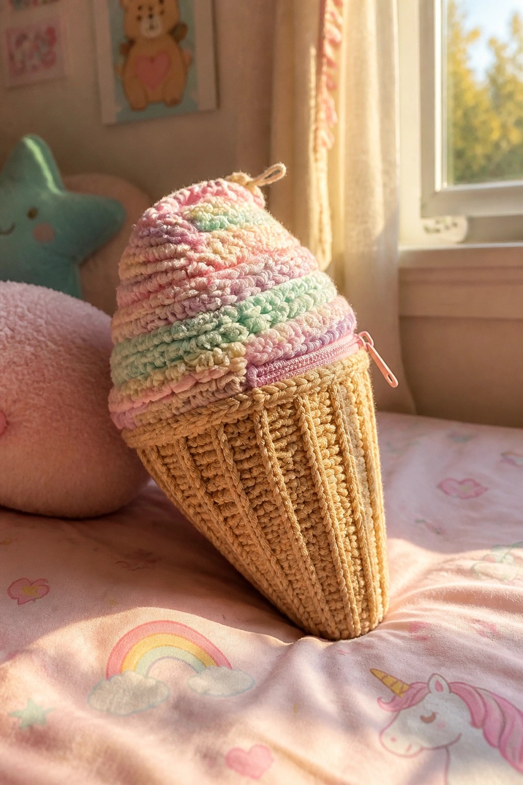 Crocheted rainbow ice cream cone pouch with pink zipper on unicorn bed