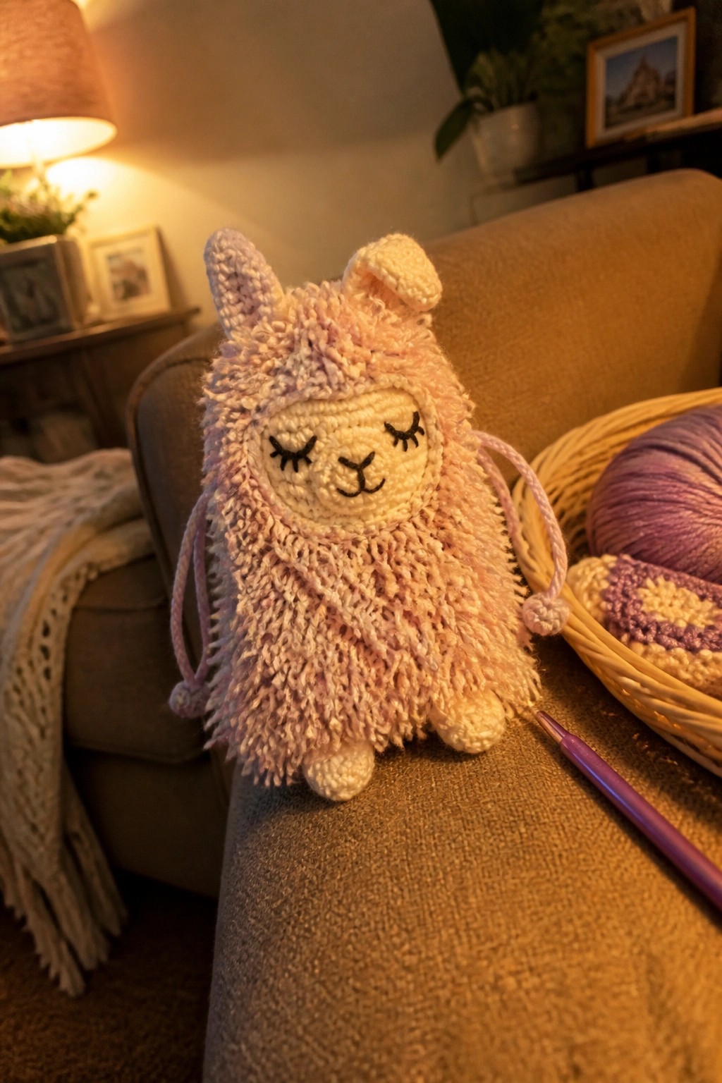 Fluffy crocheted pink llama plush on couch beside yarn basket and crochet hook
