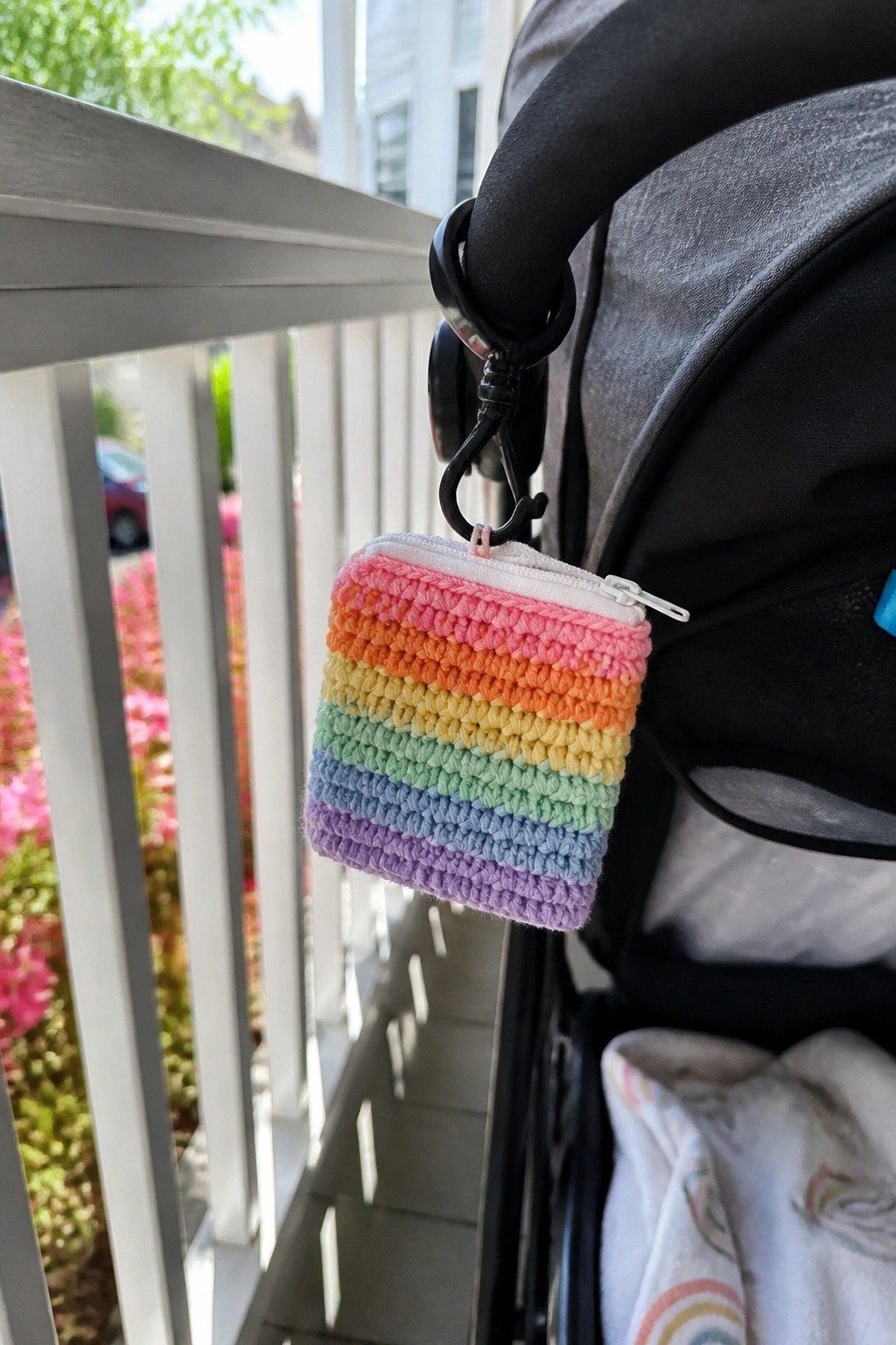 Rainbow crocheted zip pouch clipped to gray stroller handle outdoors.