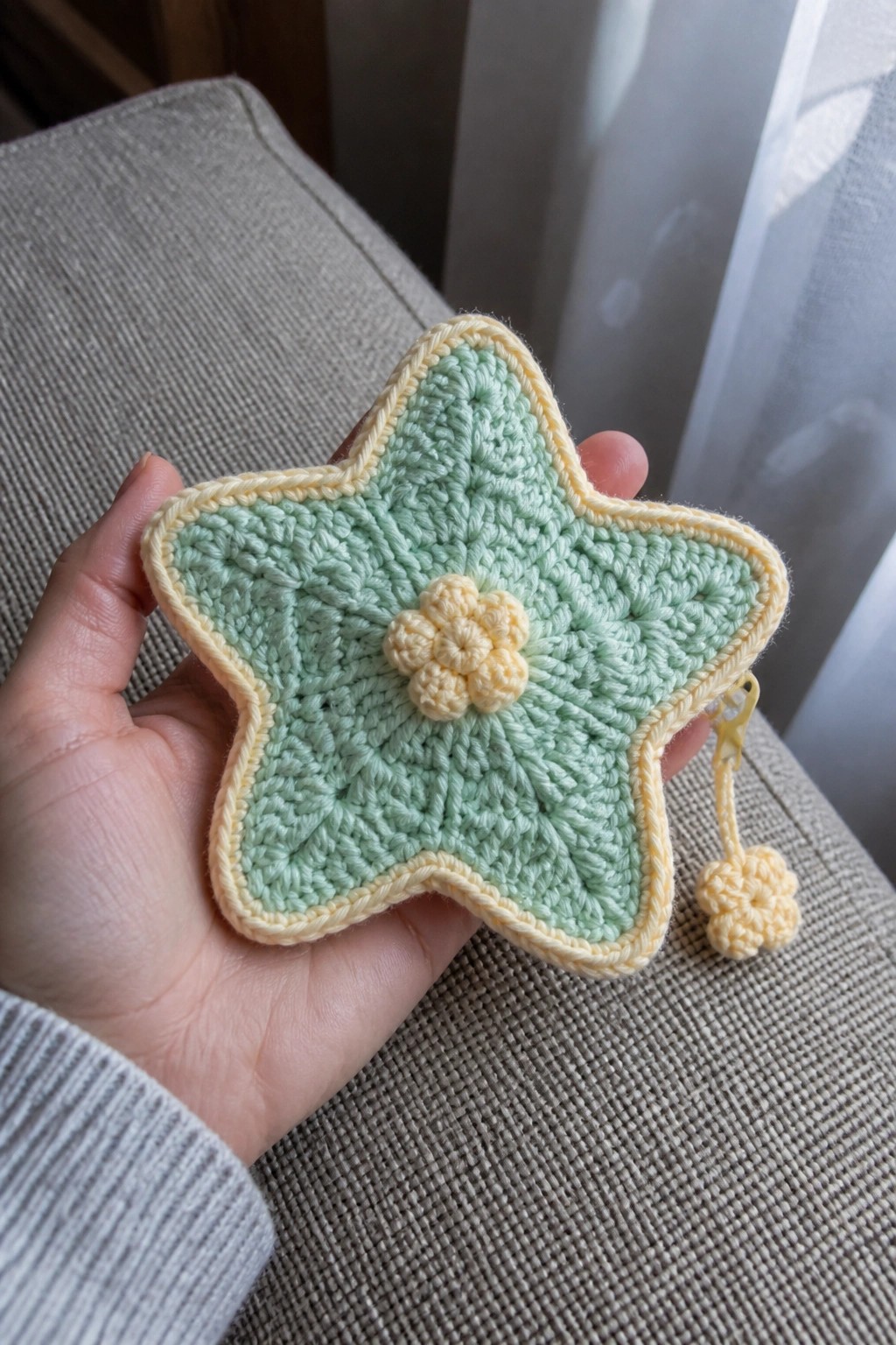 A hand holds a mint green star-shaped crocheted pouch with yellow border and a small yellow flower charm on a chain.