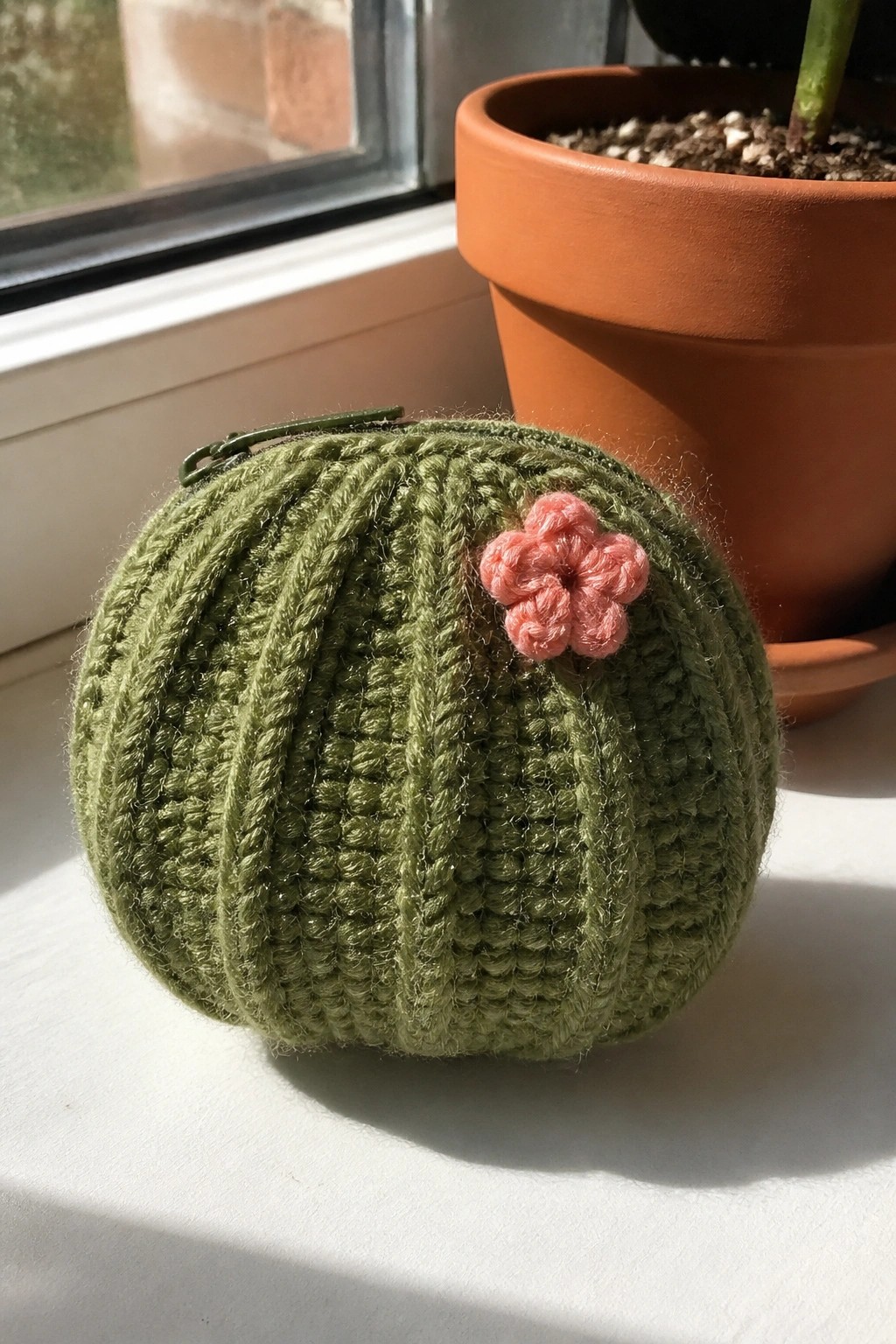 A green crocheted round pouch with ribbed texture, a pink flower appliqué, and a zipper sits on a windowsill beside a terracotta plant pot.