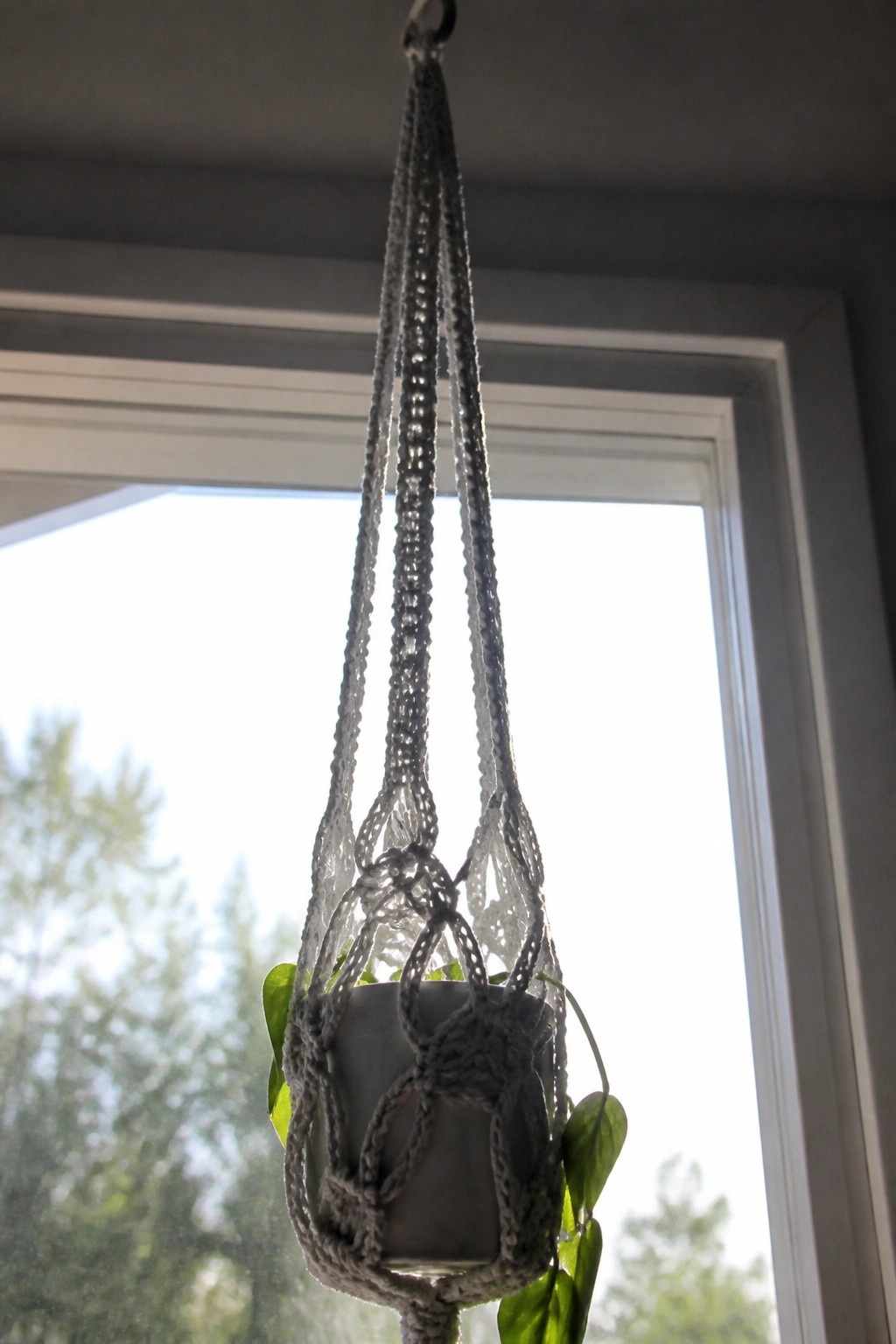 Gray macrame plant hanger holding potted green plant by sunlit window.
