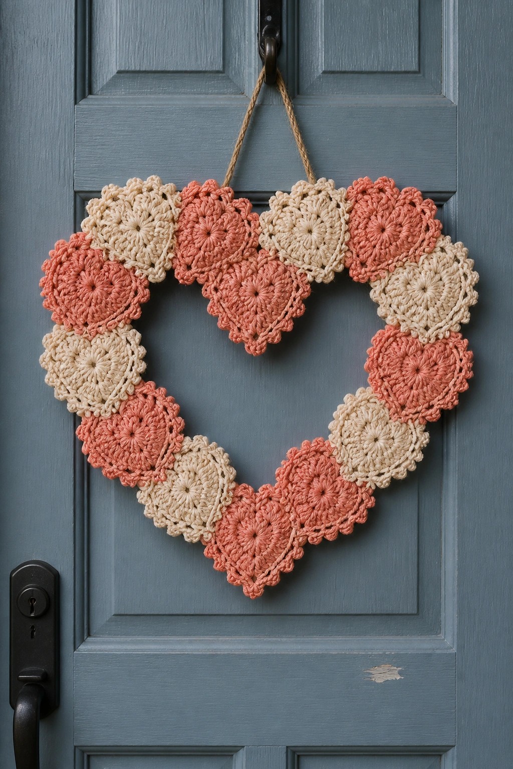Crocheted heart wreath in coral and beige hanging on blue door.