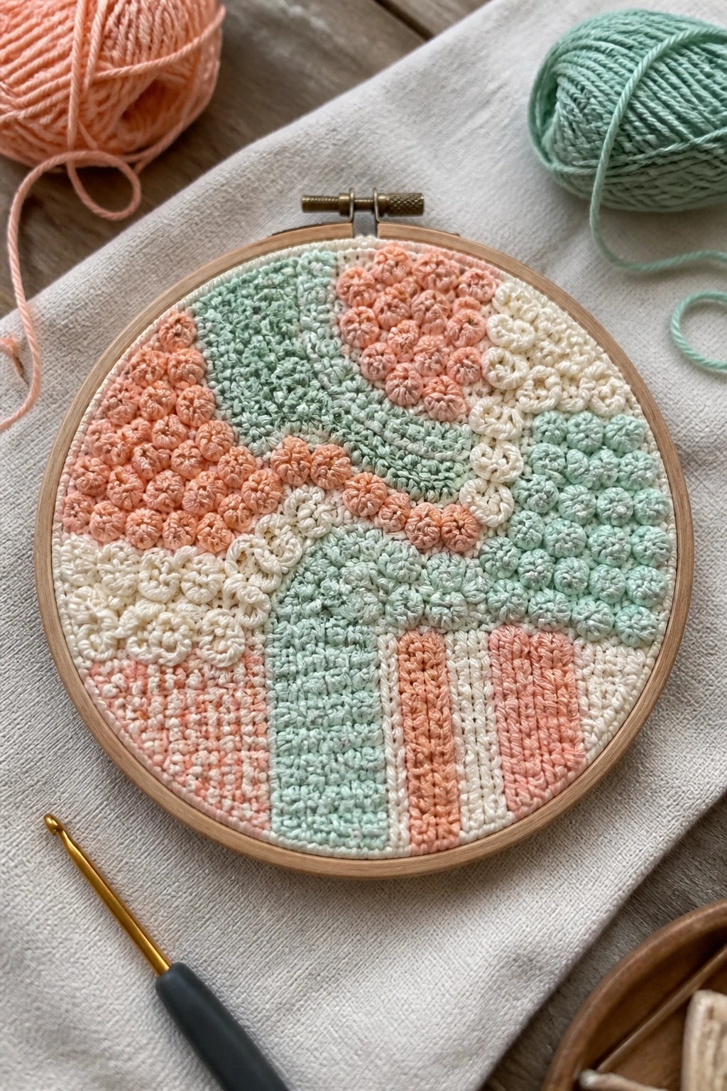Pastel punch needle embroidery in wooden hoop with peach mint yarn and hook nearby.