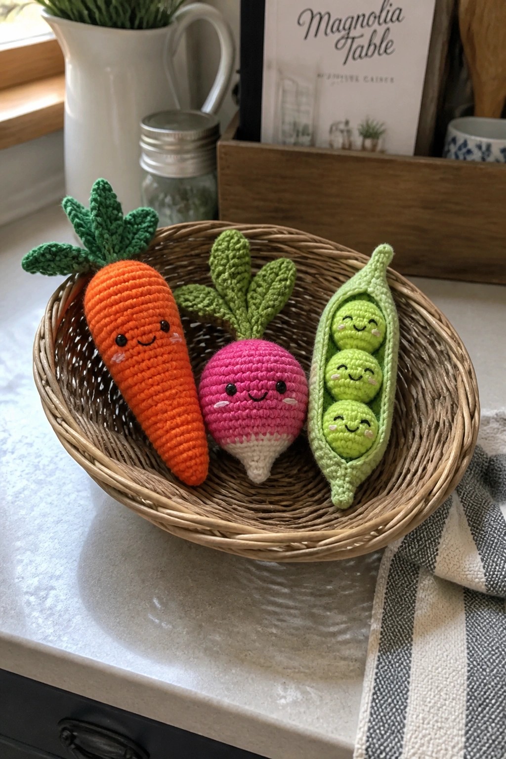 Crocheted carrot, radish, and smiling pea pod in a woven basket on counter.