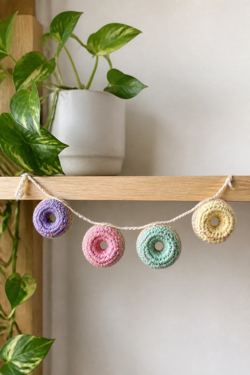 Four pastel crochet donut shapes in purple, pink, mint, and yellow hang on a string from a wooden shelf next to a potted plant.