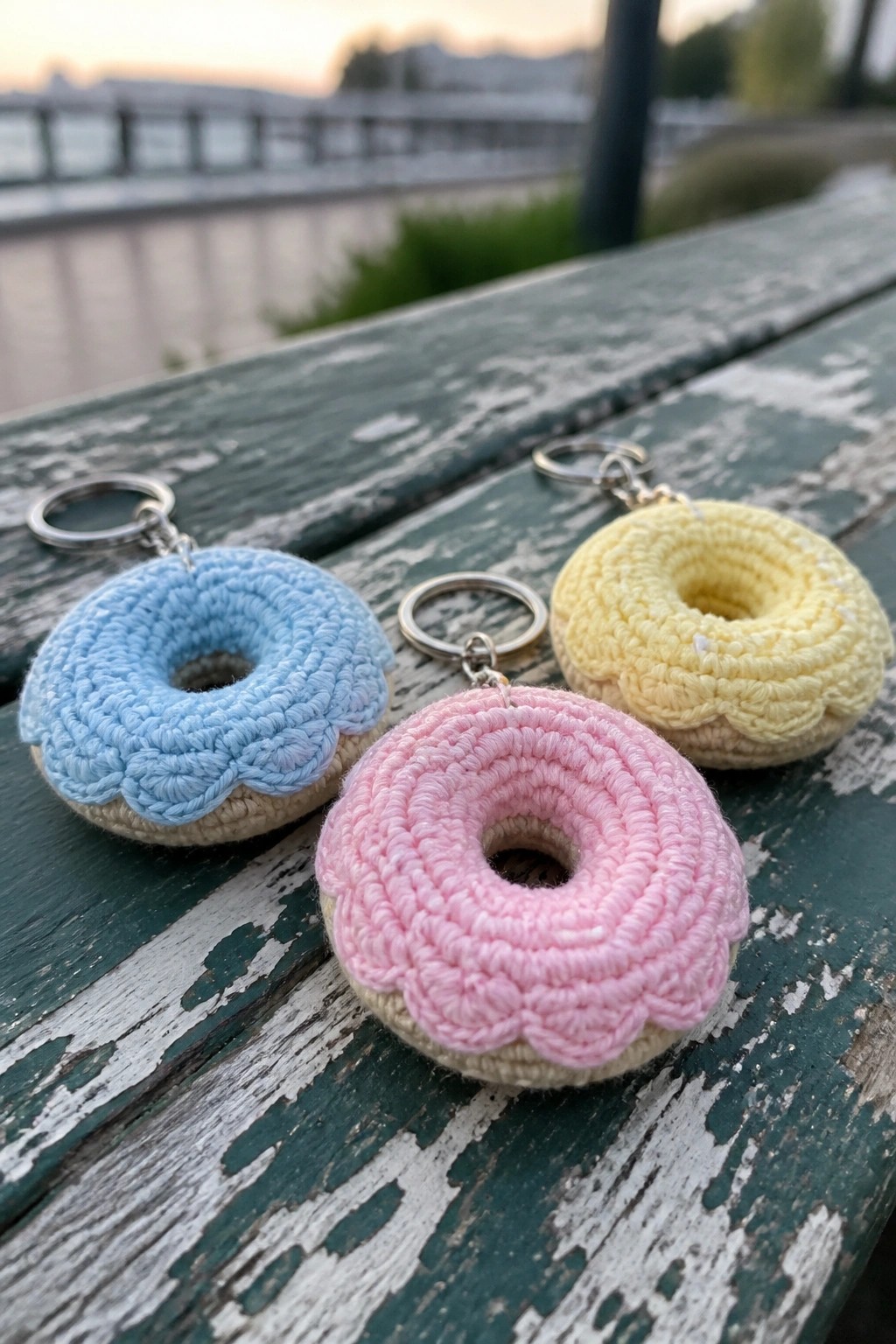 Three colorful crocheted donut keychains in blue, pink, and yellow on green wood.